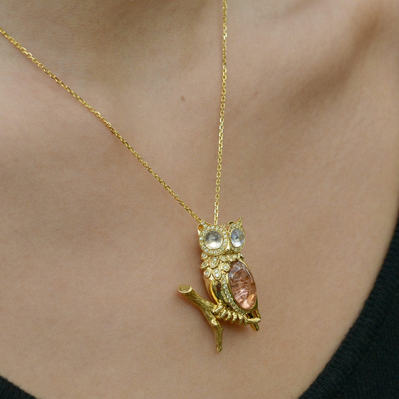 Vintage Tourmaline and Moonstone Owl Necklace