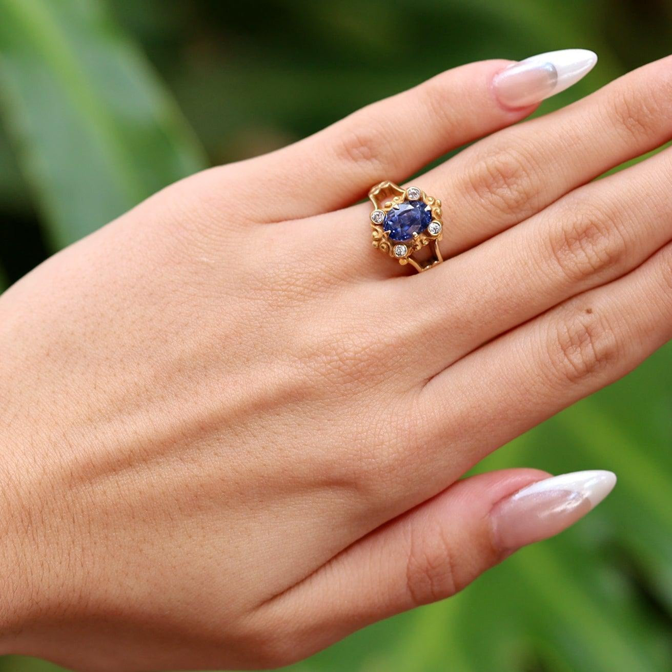 Vintage Victorian Oval Blue Sapphire Yellow Gold Filigree Engagement Ring