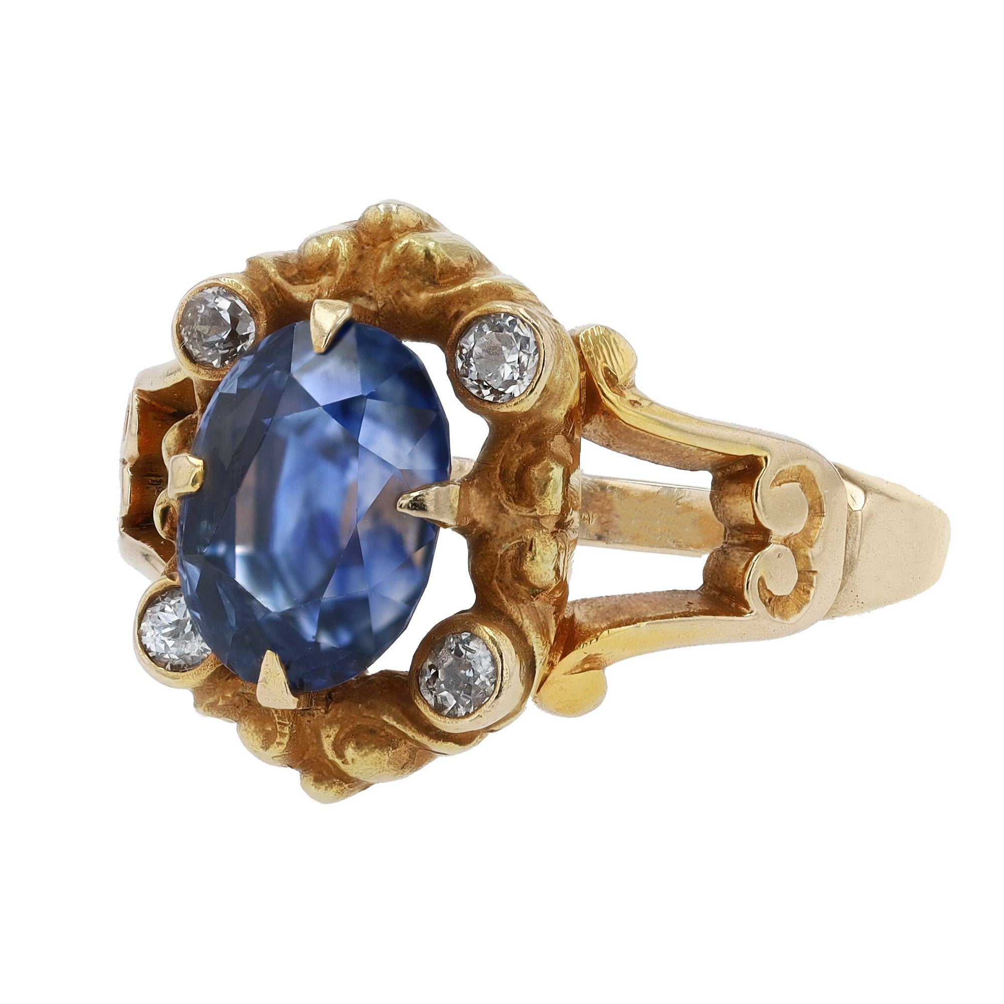 Vintage Victorian Oval Blue Sapphire Yellow Gold Filigree Engagement Ring
