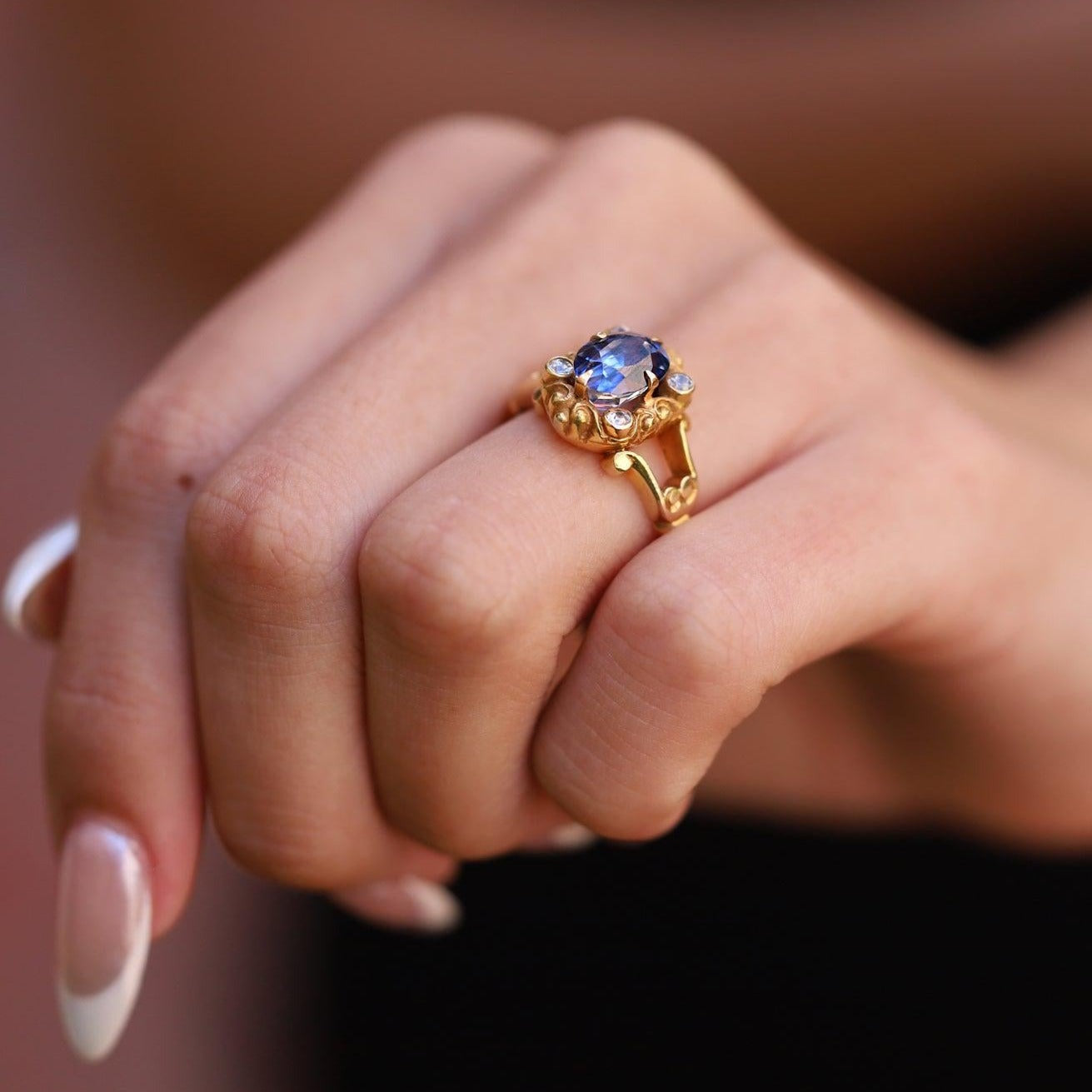 Vintage Victorian Oval Blue Sapphire Yellow Gold Filigree Engagement Ring