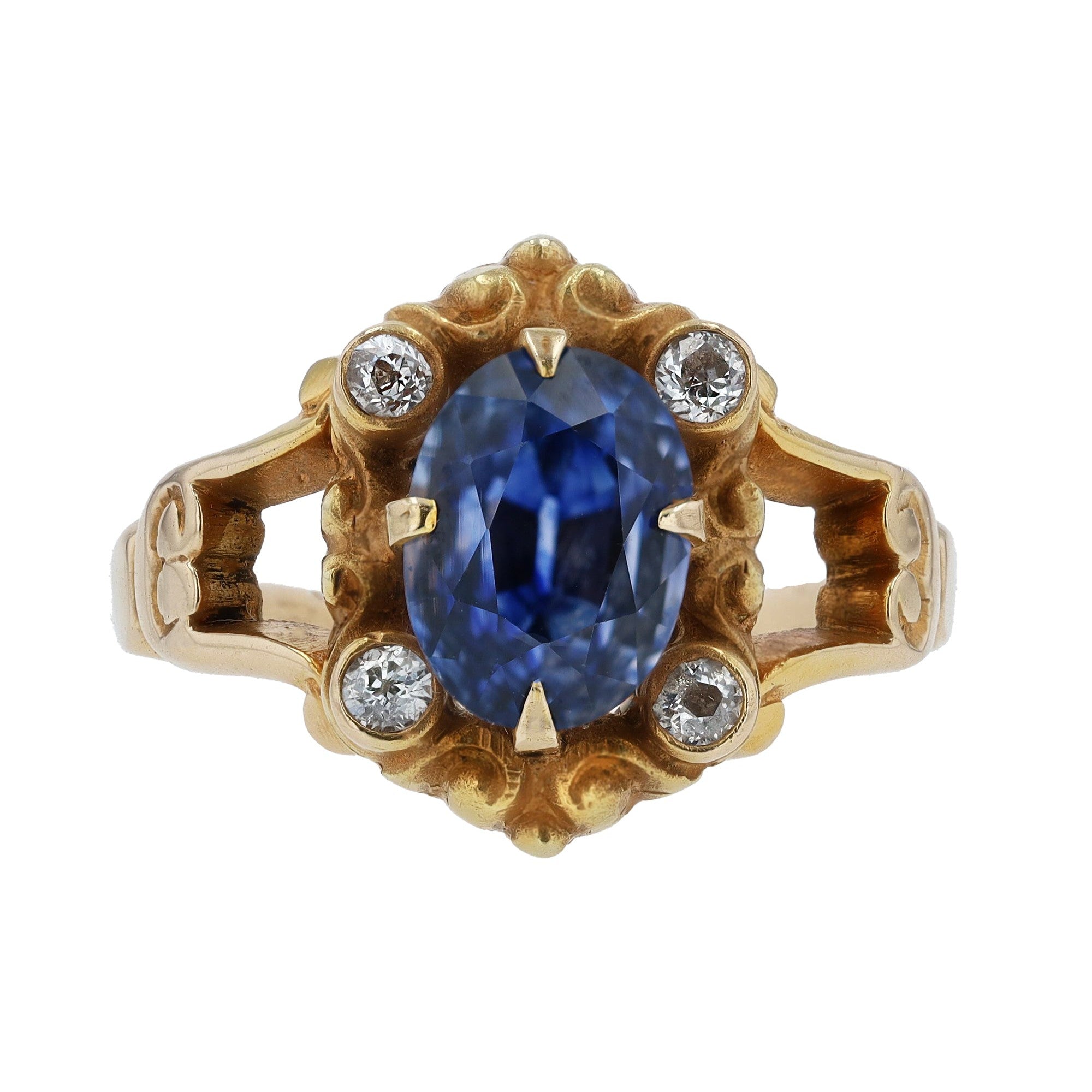 Vintage Victorian Oval Blue Sapphire Yellow Gold Filigree Engagement Ring