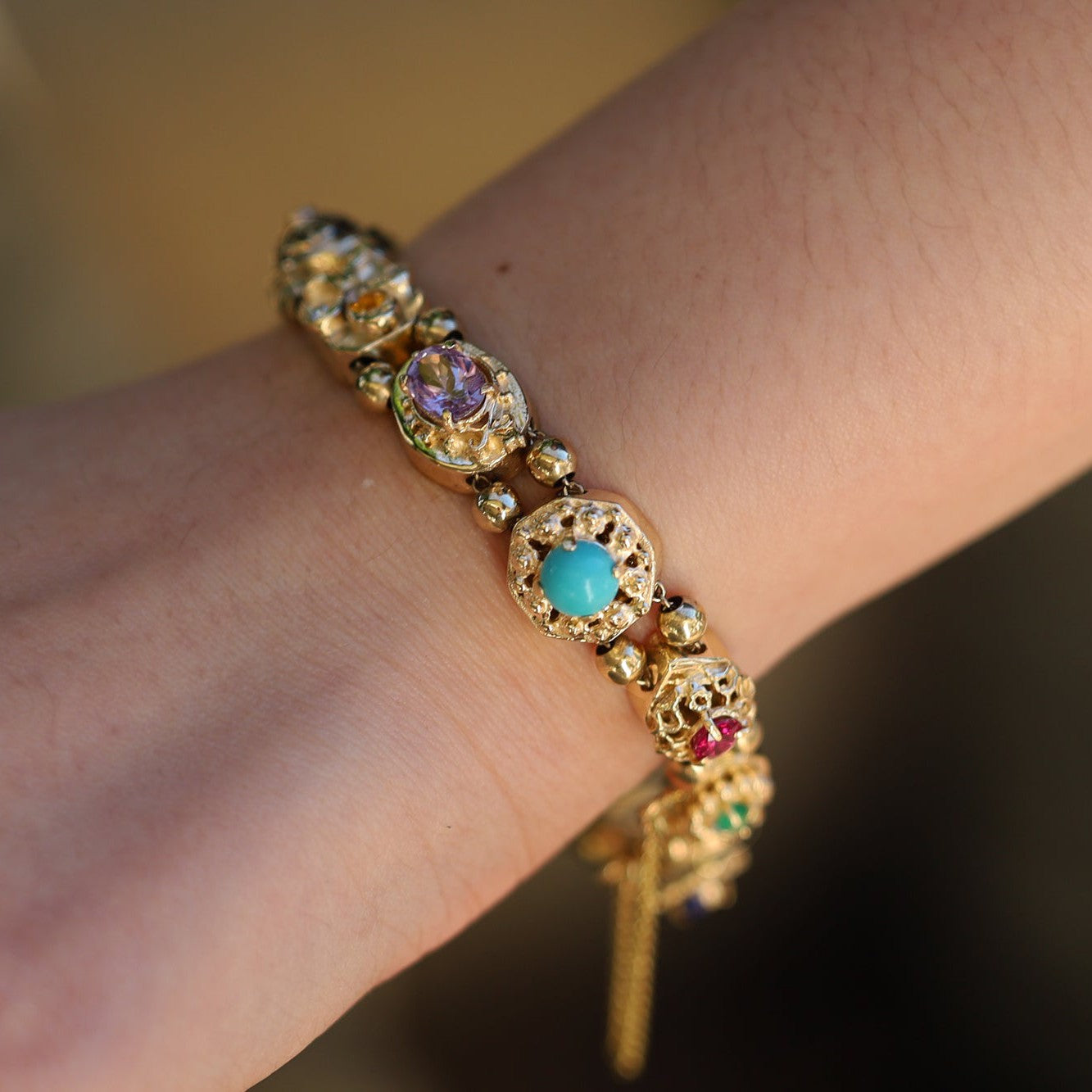 Vintage Gemstone and 14k Gold Slide Bracelet