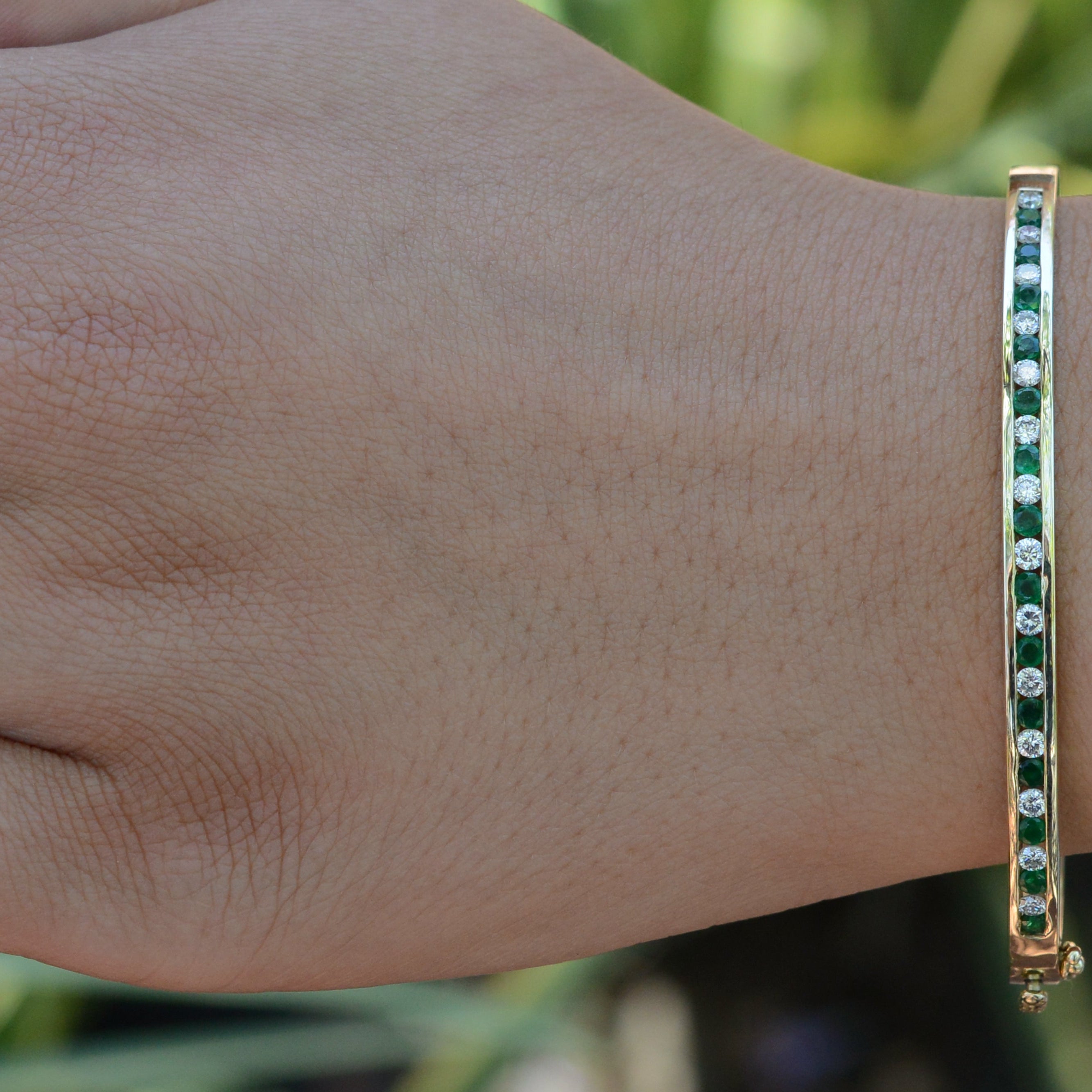 Vintage Yellow Gold Emerald and Diamond Bangle Bracelet