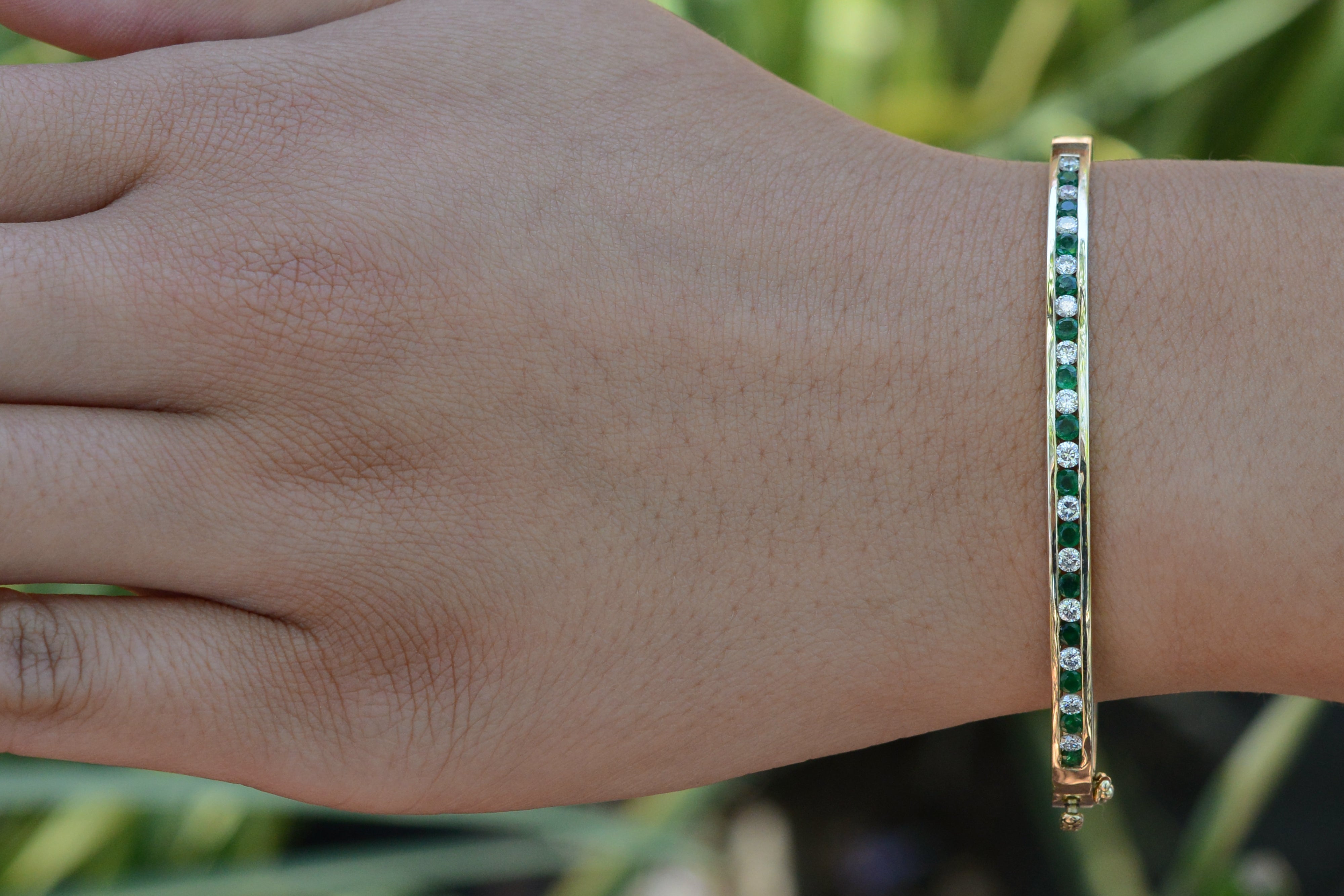 Vintage Yellow Gold Emerald and Diamond Bangle Bracelet