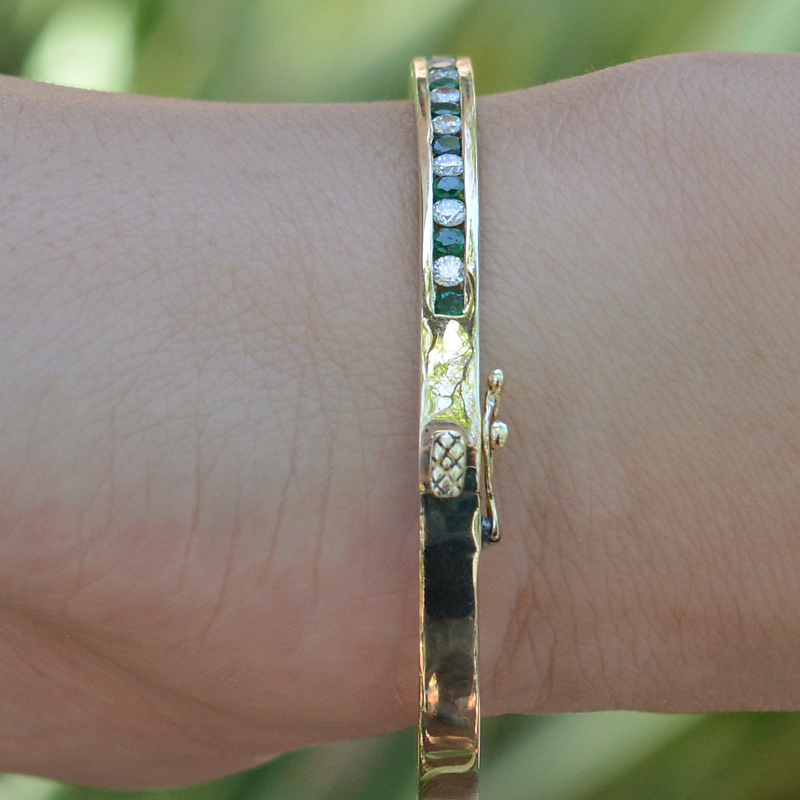 Vintage Yellow Gold Emerald and Diamond Bangle Bracelet