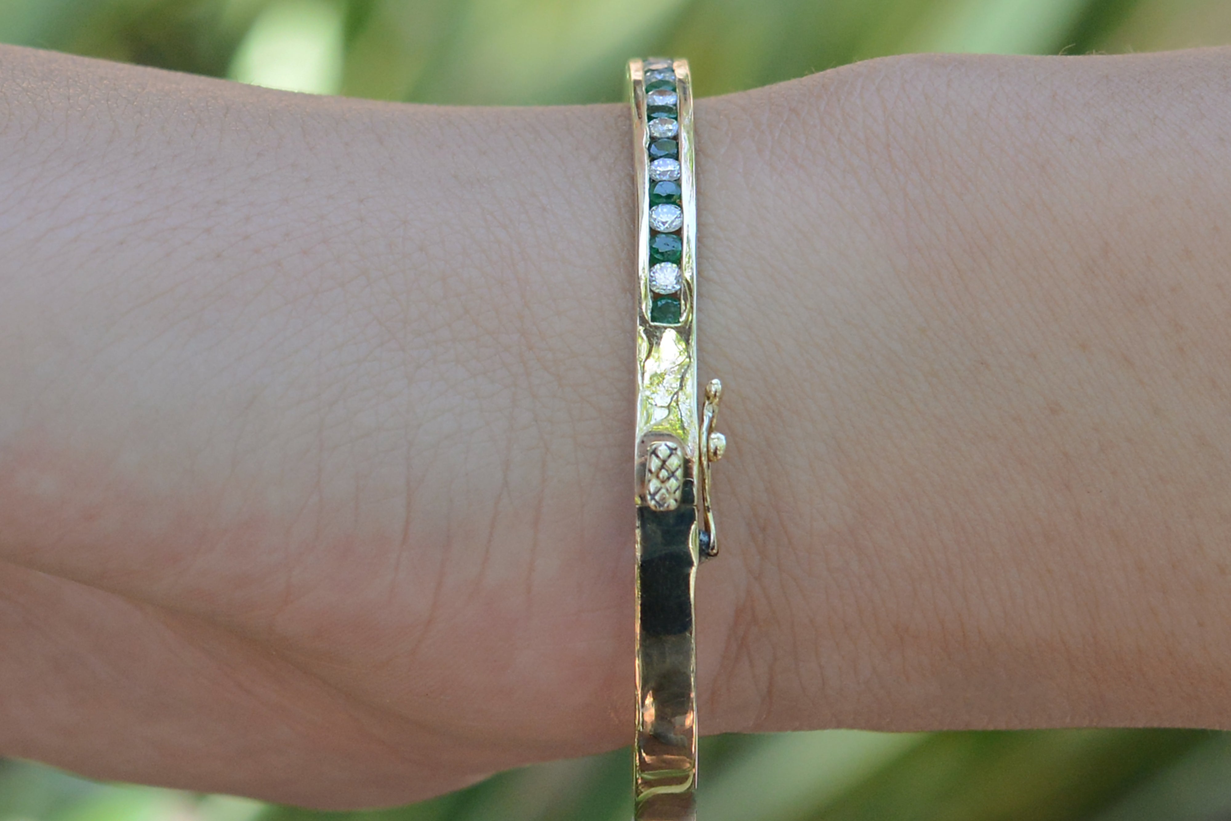 Vintage Yellow Gold Emerald and Diamond Bangle Bracelet