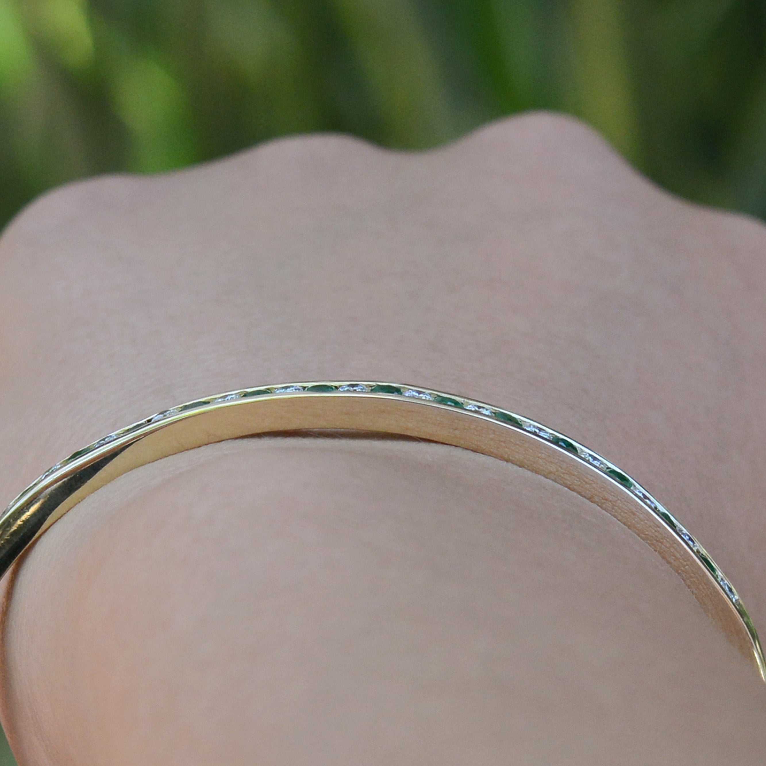 Vintage Yellow Gold Emerald and Diamond Bangle Bracelet