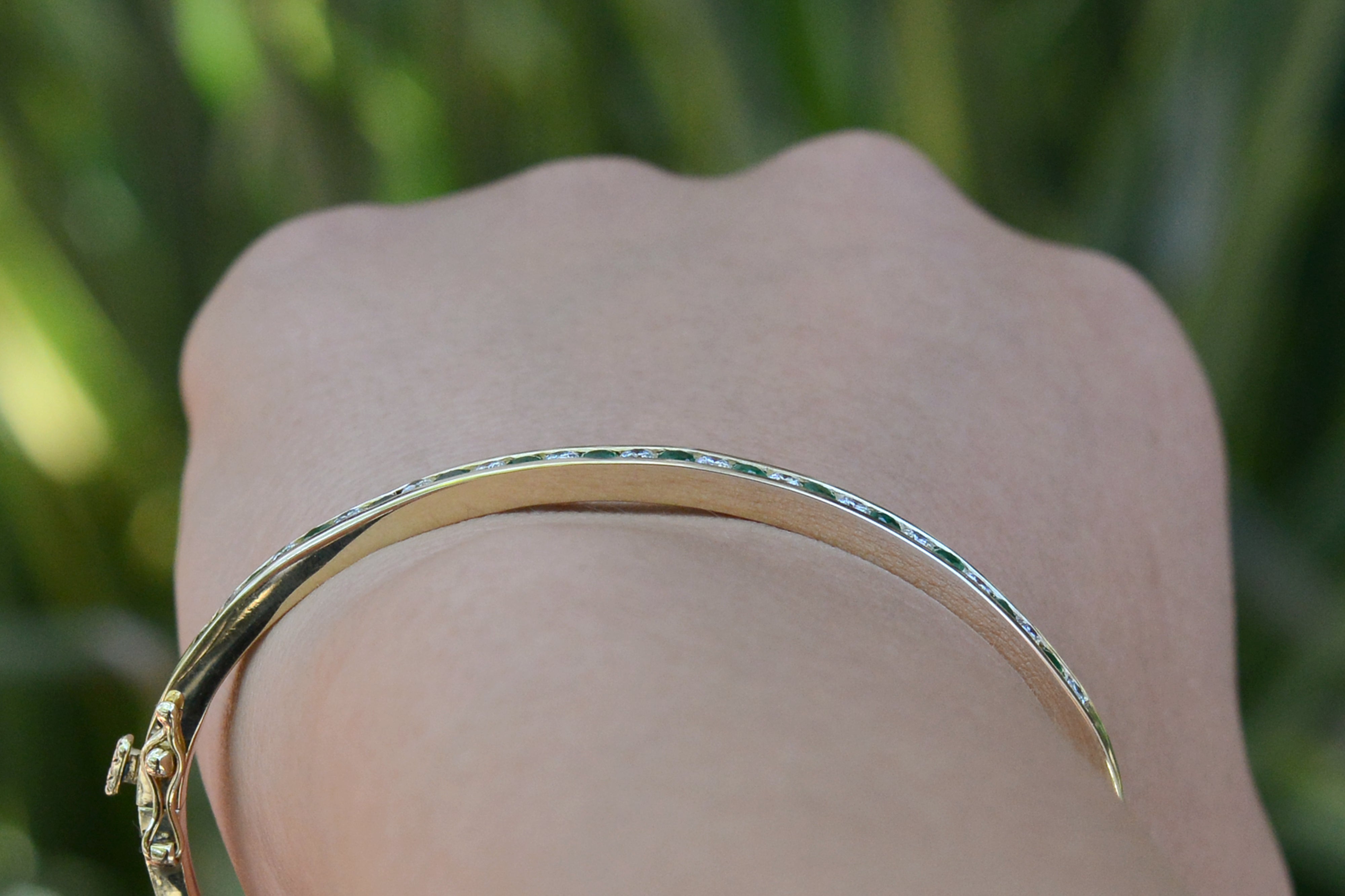 Vintage Yellow Gold Emerald and Diamond Bangle Bracelet