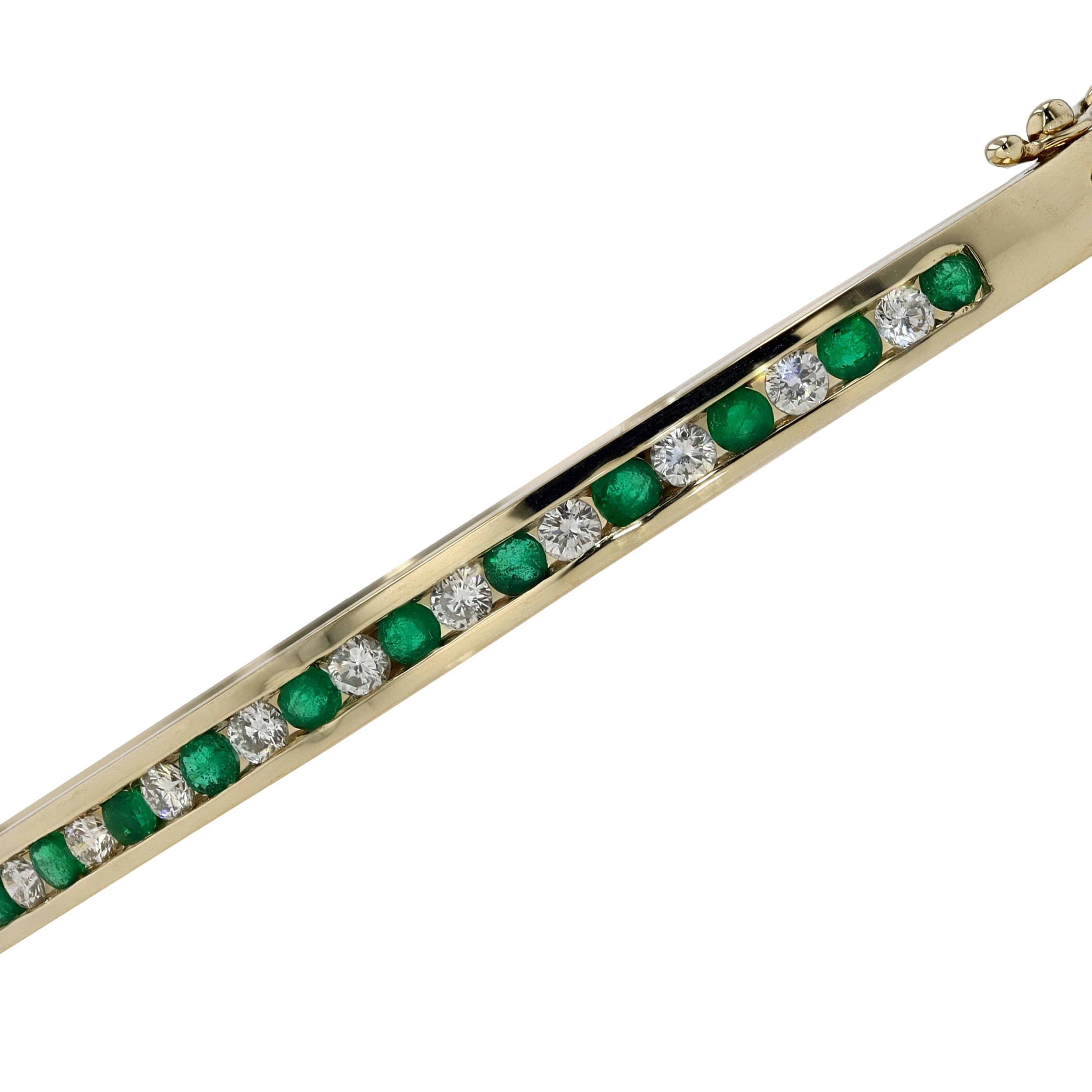 Vintage Yellow Gold Emerald and Diamond Bangle Bracelet