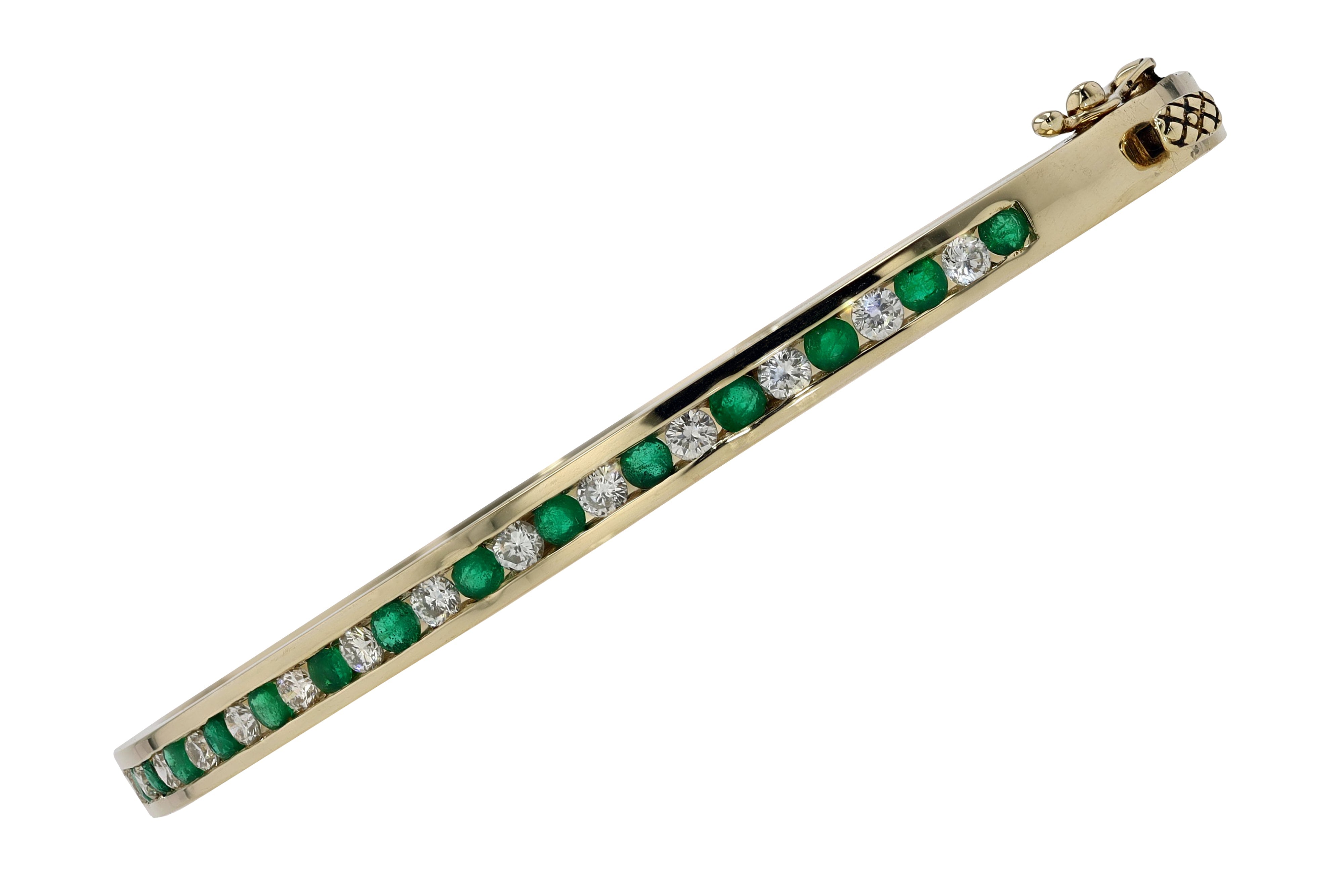 Vintage Yellow Gold Emerald and Diamond Bangle Bracelet
