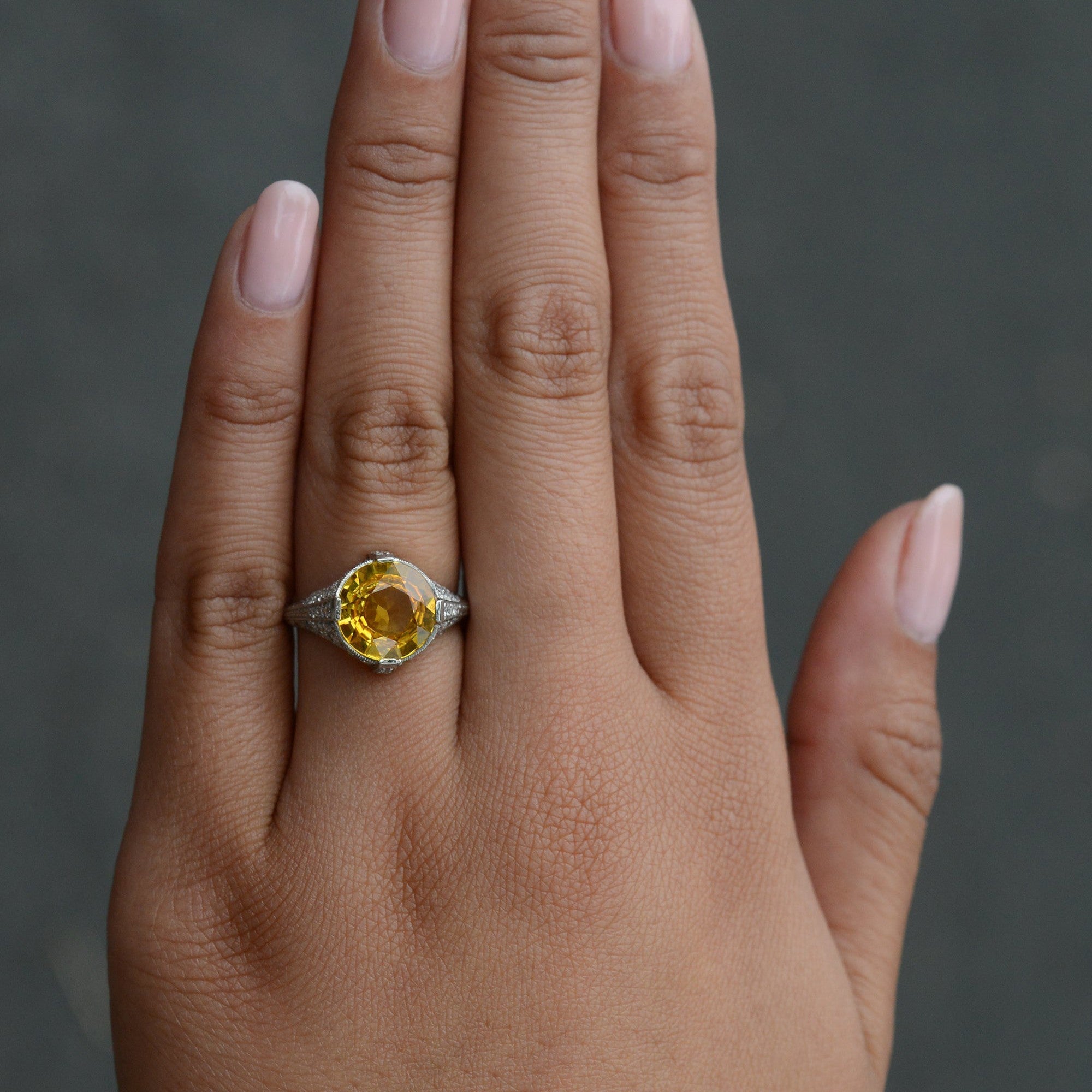 Vivid 4 Carat Yellow Sapphire Art Deco Ring