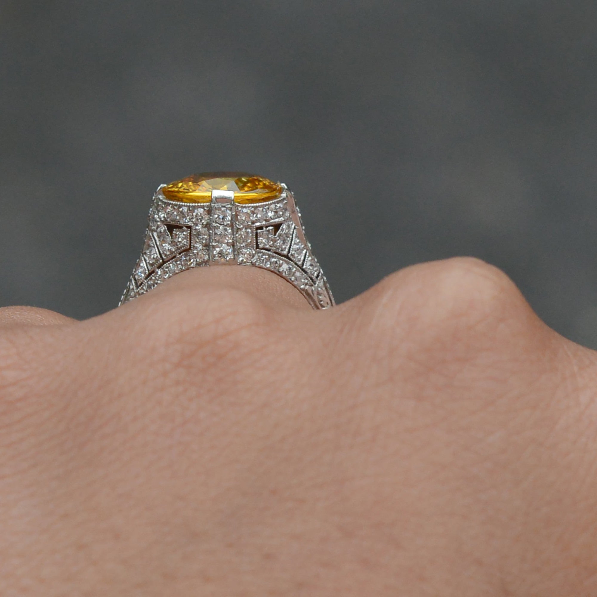 Vivid 4 Carat Yellow Sapphire Art Deco Ring