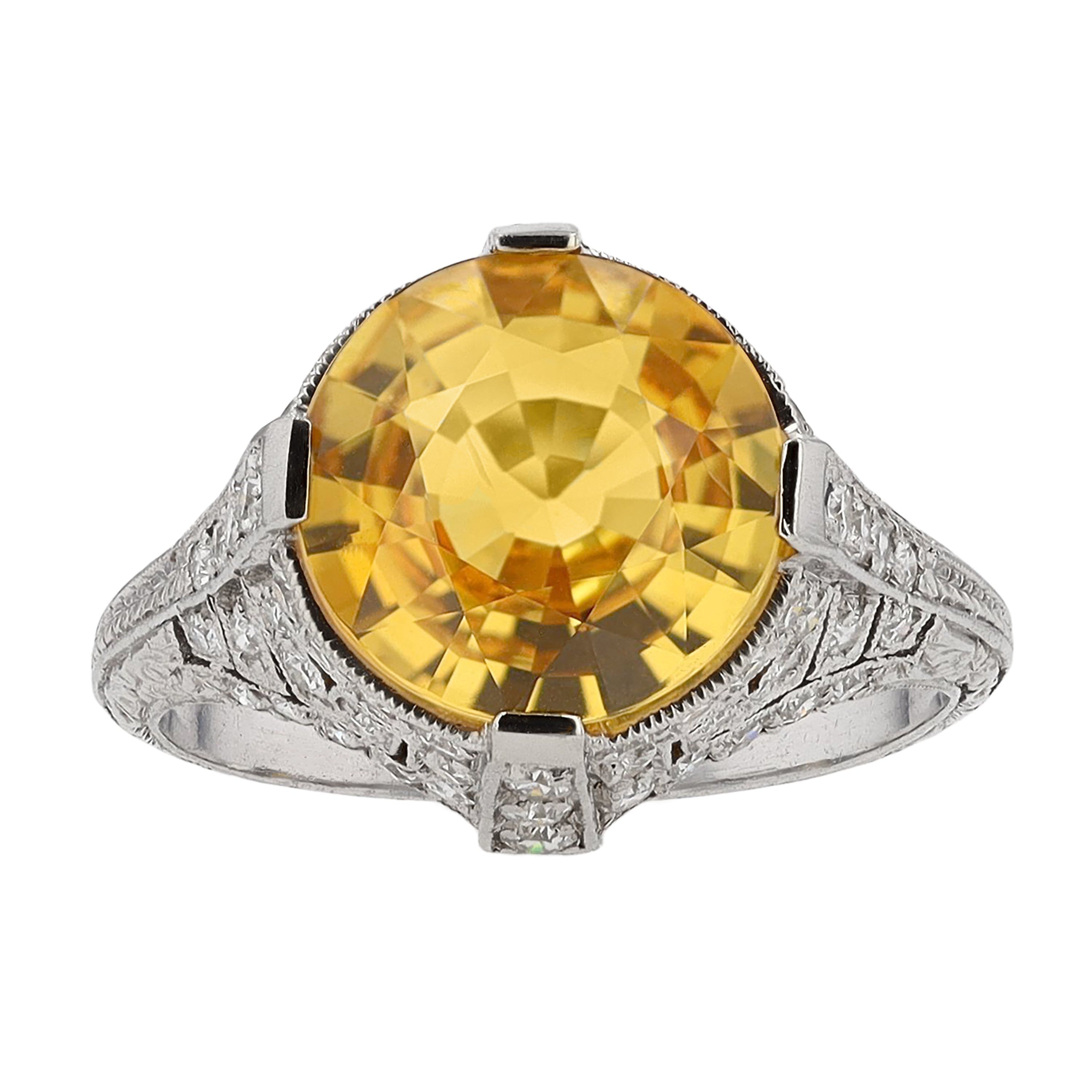 Vivid 4 Carat Yellow Sapphire Art Deco Ring