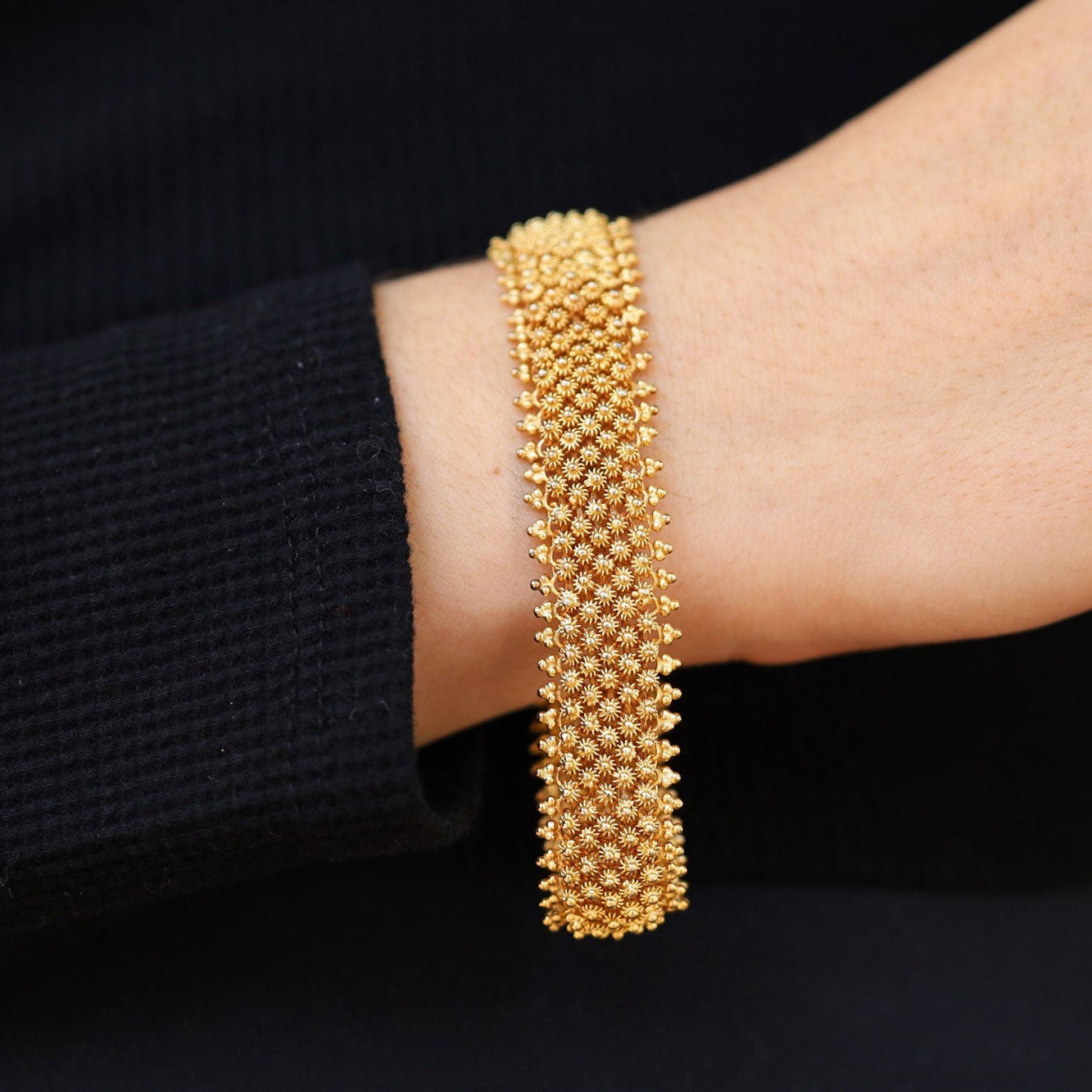 Wide Victorian Yellow Gold Cannetille Mesh Bracelet