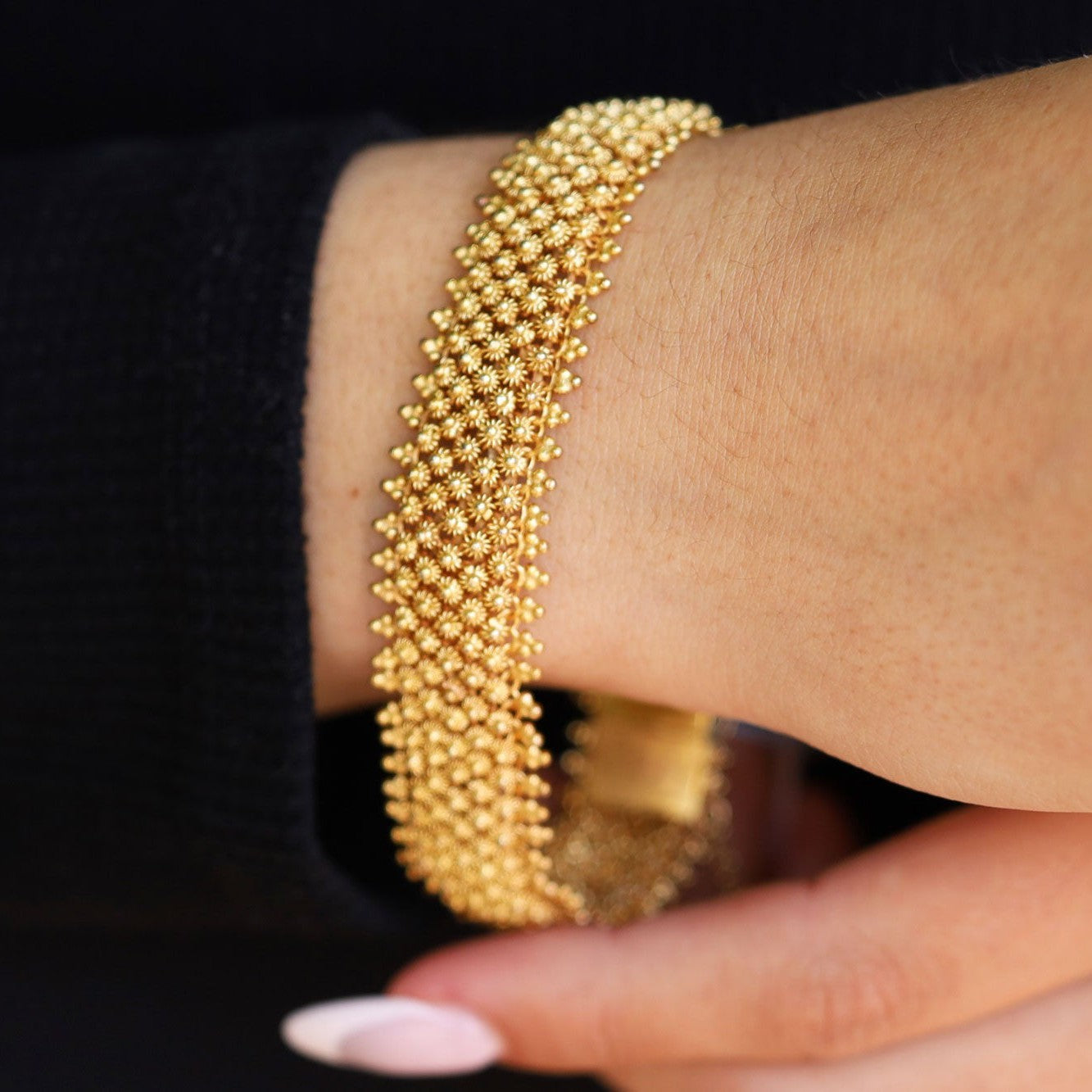 Wide Victorian Yellow Gold Cannetille Mesh Bracelet