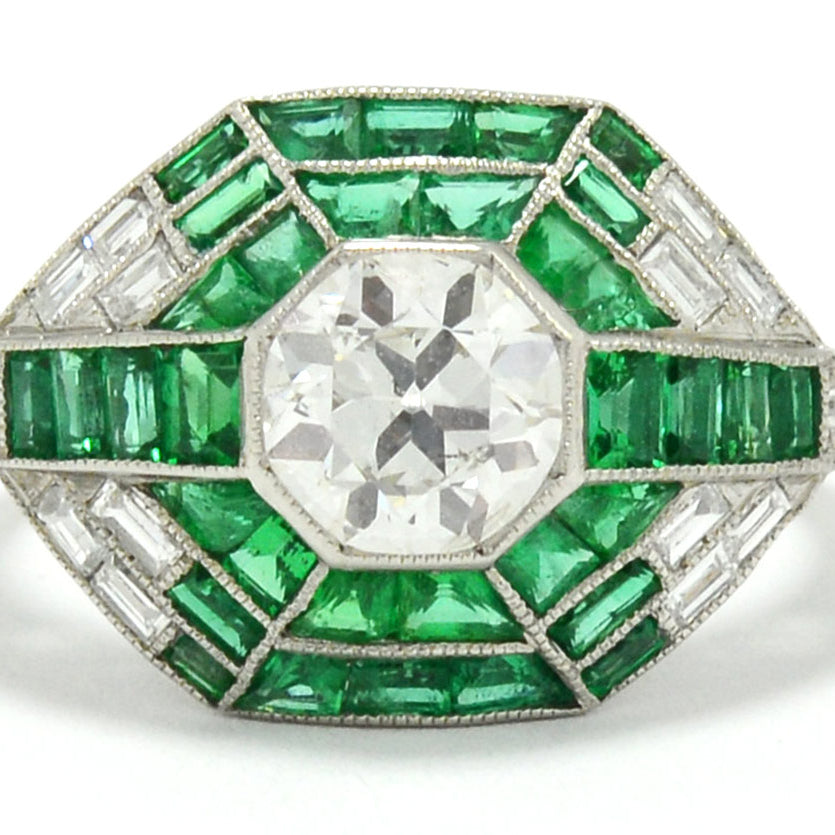 This Art Deco style platinum engagement ring features a large old mine cut diamond.