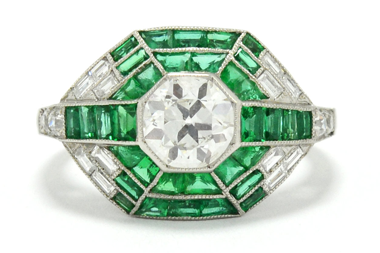 This Art Deco style platinum engagement ring features a large old mine cut diamond.