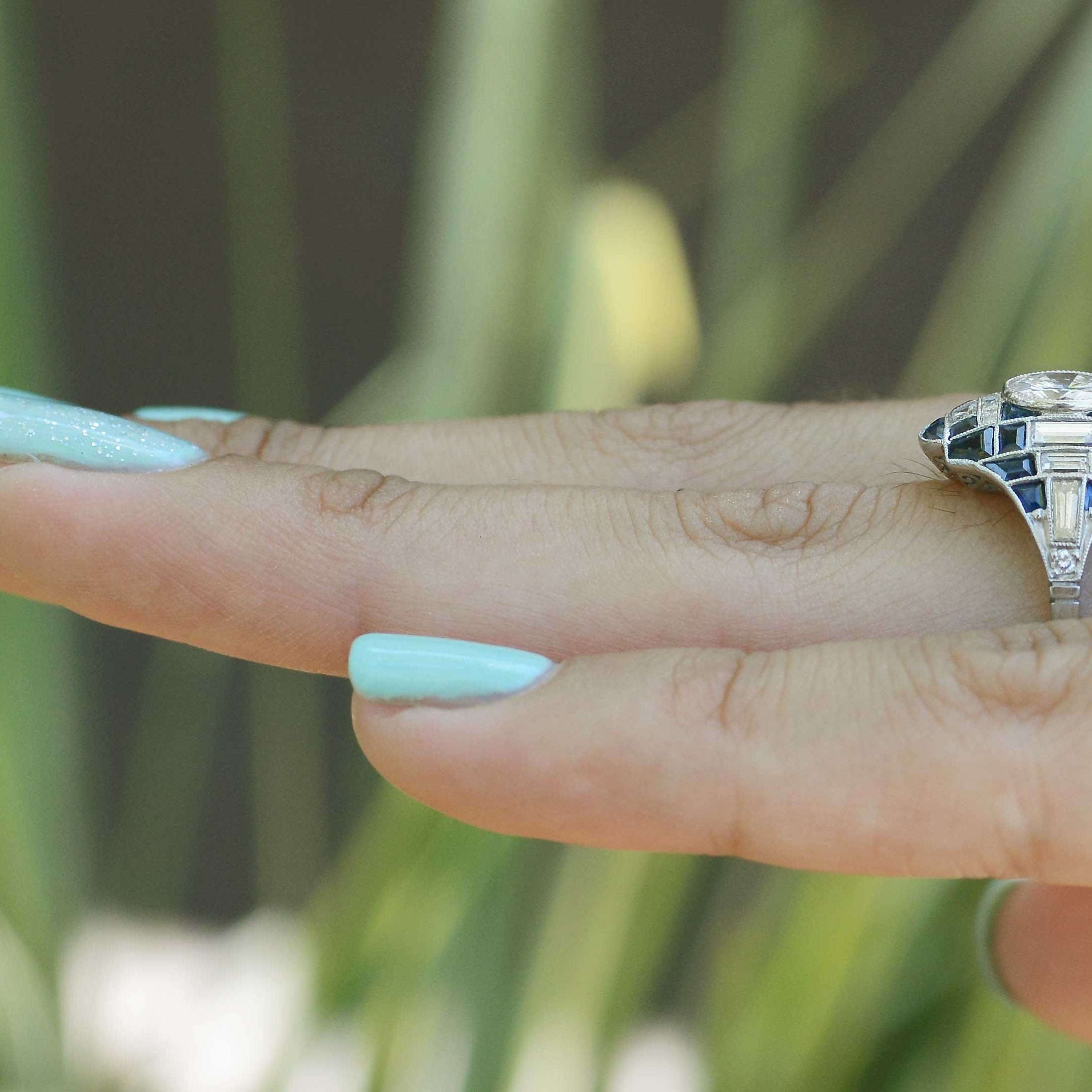 Art Deco Style Sapphire Diamond Dome Engagement Ring