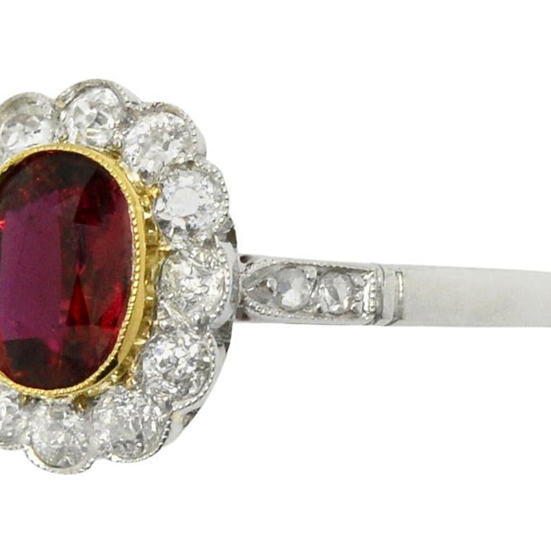 Platinum Antique Ruby Diamond Halo Engagement Ring
