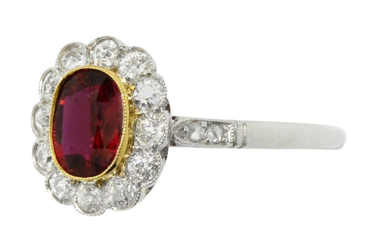 Platinum Antique Ruby Diamond Halo Engagement Ring