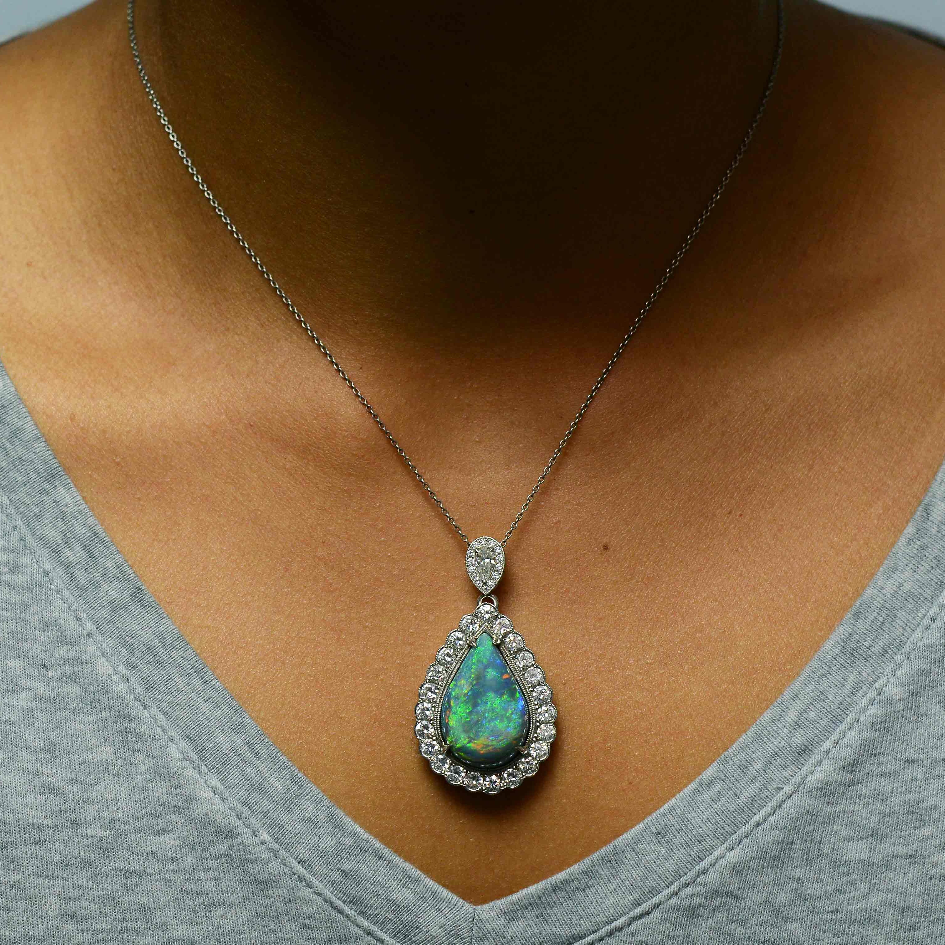 15 carats Australian black opal diamond pendant necklace.