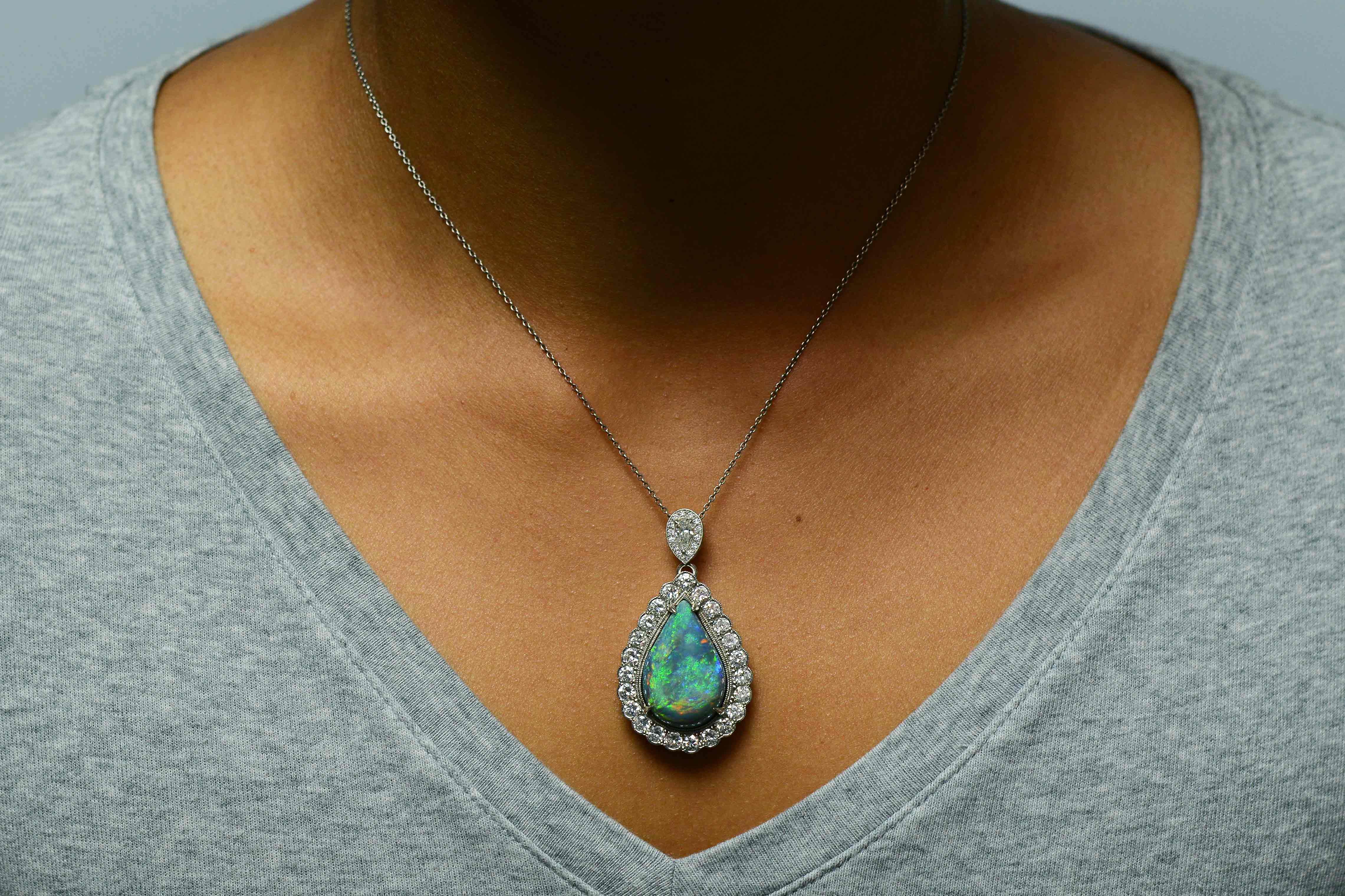15 carats Australian black opal diamond pendant necklace.