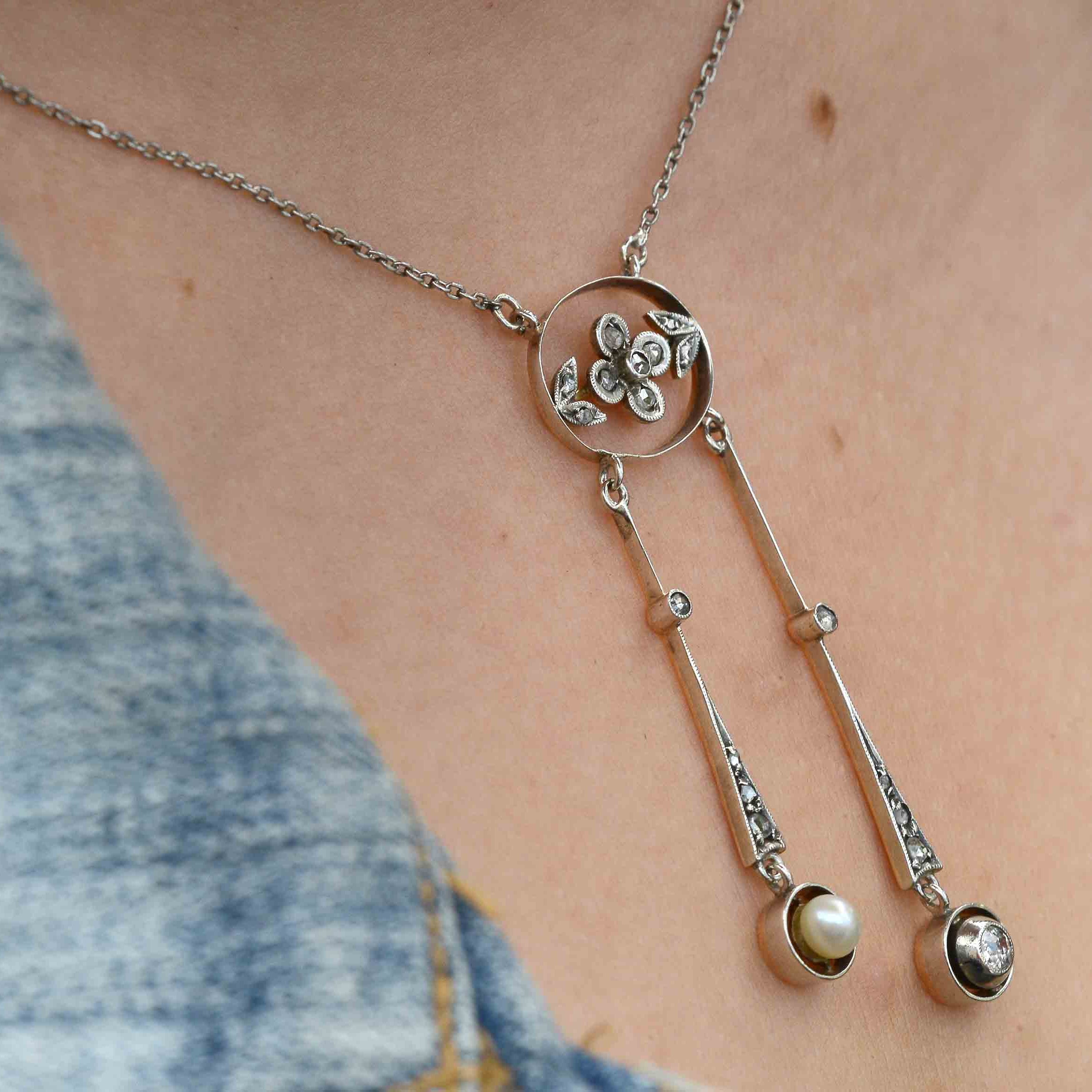 Antique Art Nouveau Natural Pearl & Diamond Drop Necklace