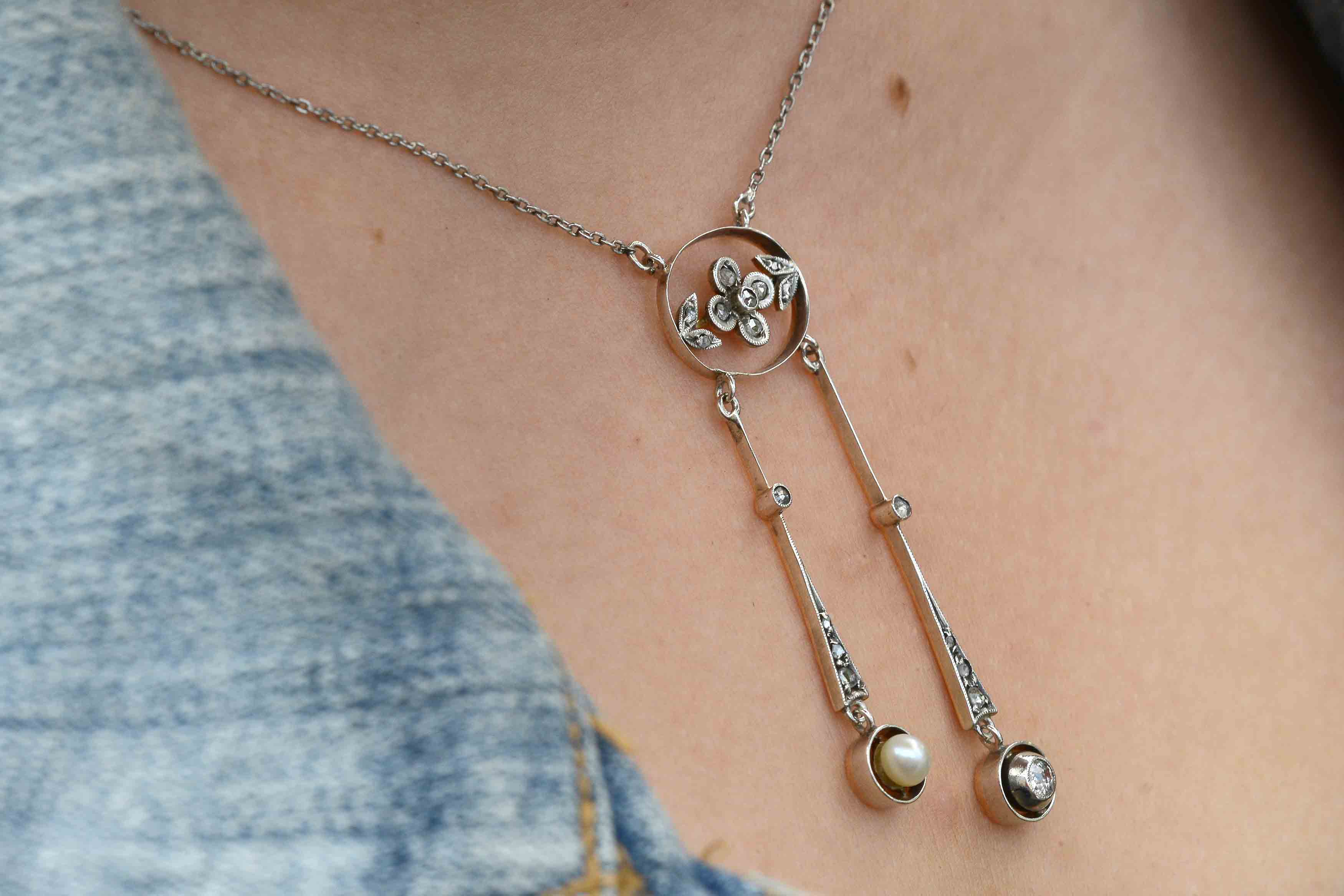 Antique Art Nouveau Natural Pearl & Diamond Drop Necklace