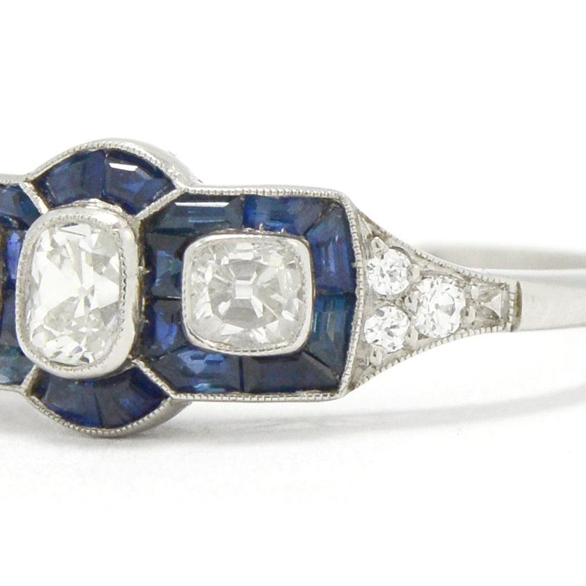 Nearly 2 carats of blue sapphires and diamonds are in this art deco ring.