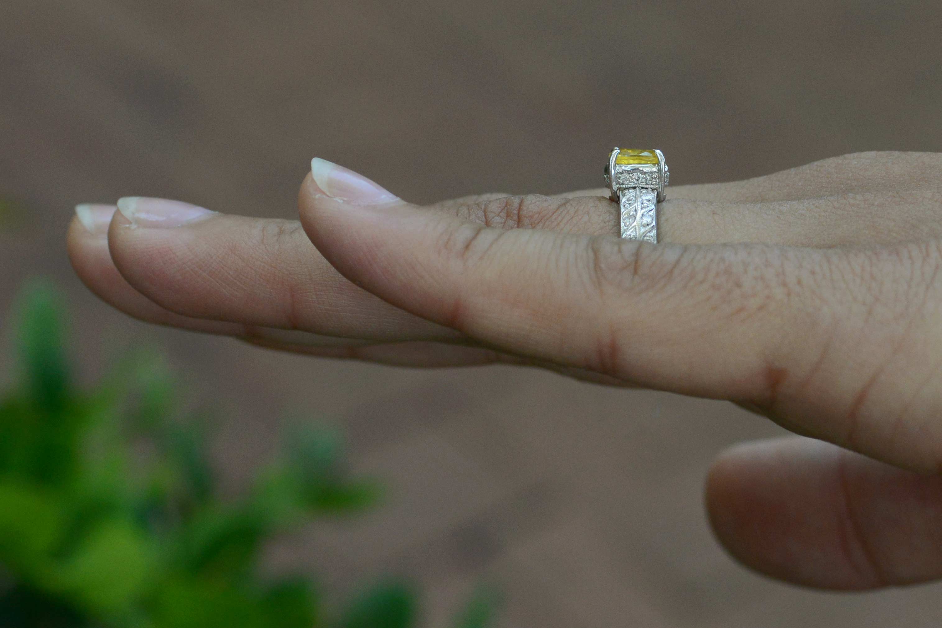 Two rows of diamonds line the straight shank of this white gold engagement ring.