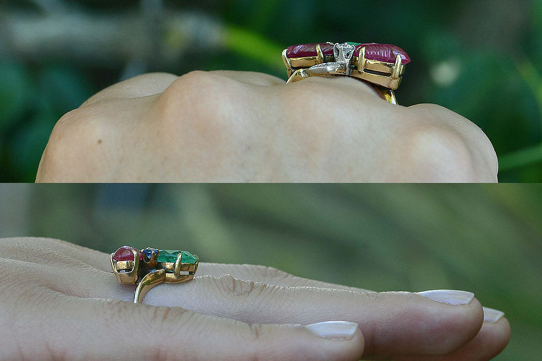 A 3 leaf clover ring with rubies and emeralds.