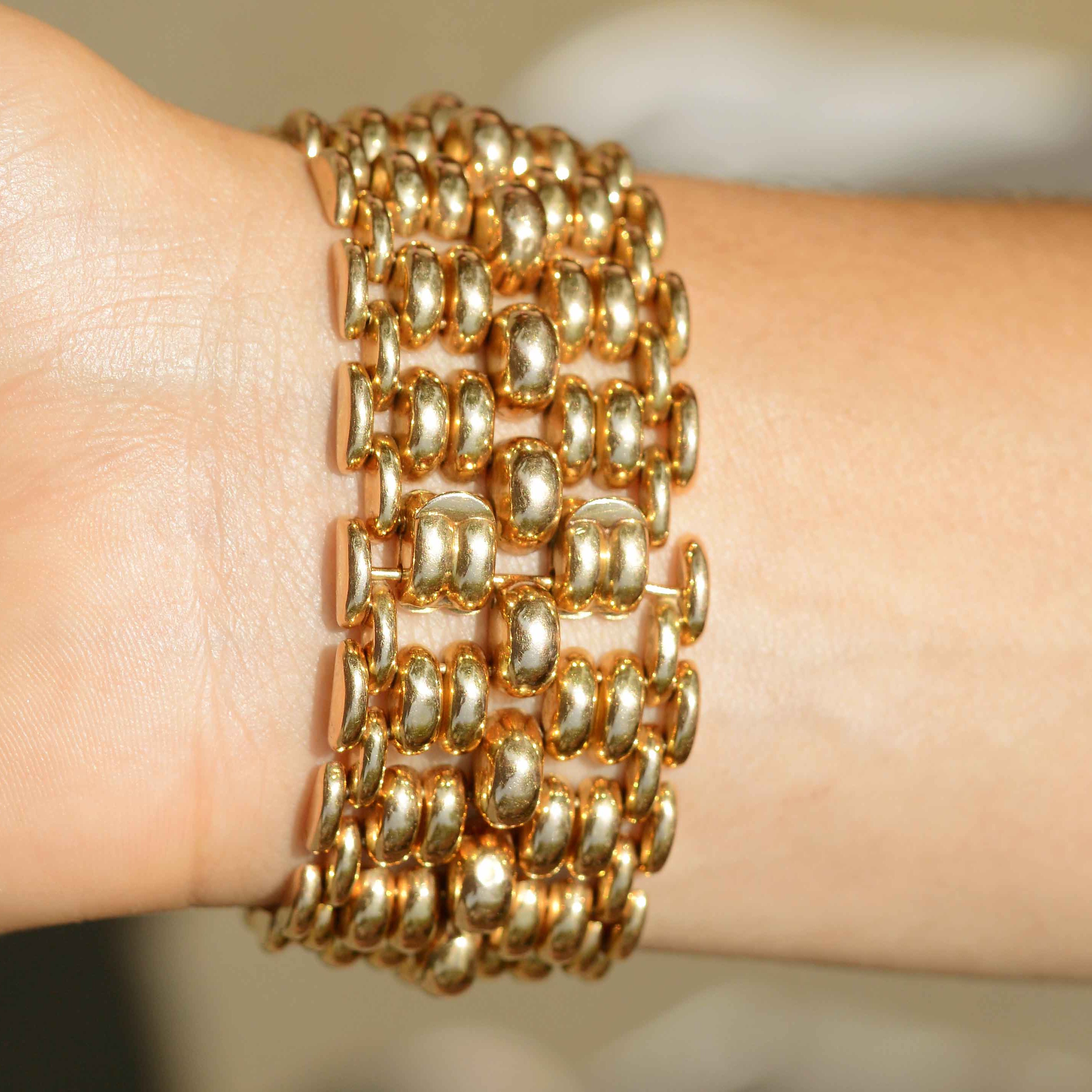 3 ounces of 18k rose gold is used in this retro bracelet.