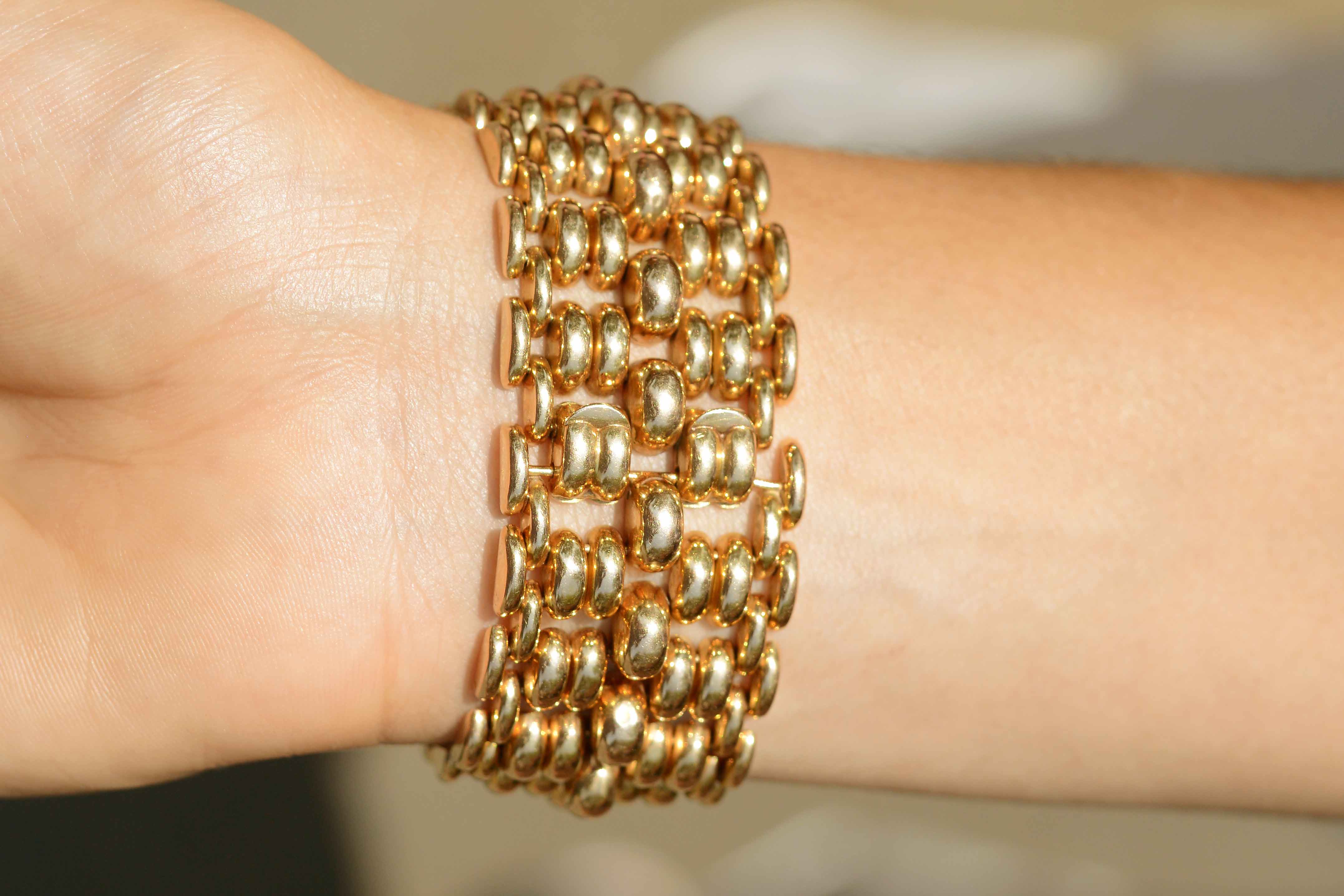 3 ounces of 18k rose gold is used in this retro bracelet.
