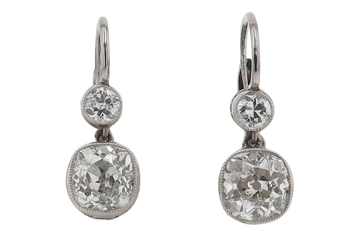 2.50 Carat Cushion Cut Diamond Art Deco Inspired Dangle Earrings
