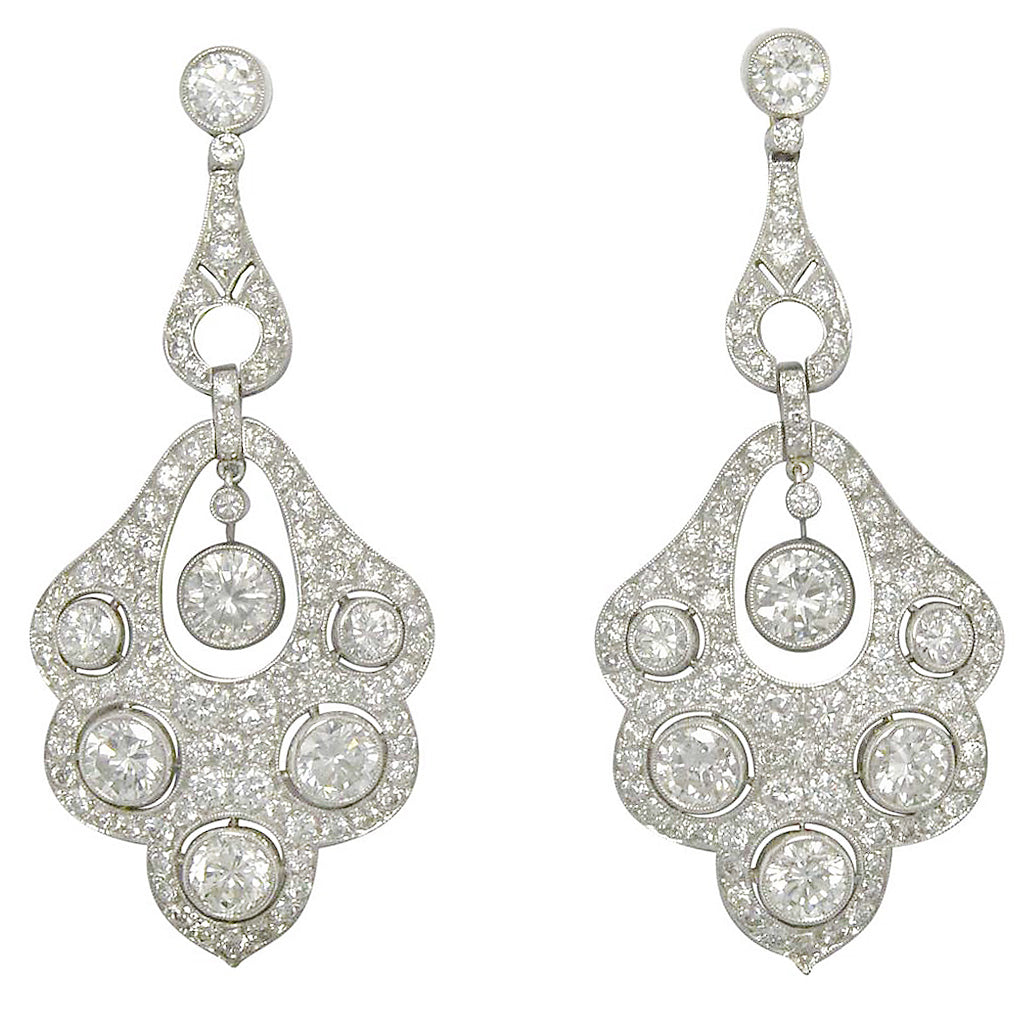 Fanned design 6 carat platinum earrings, crafted in a belle epoque style.
