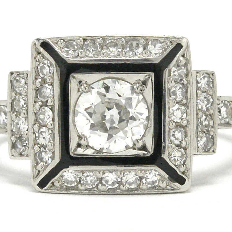 A square diamond and enamel geometric Art Deco wedding ring.