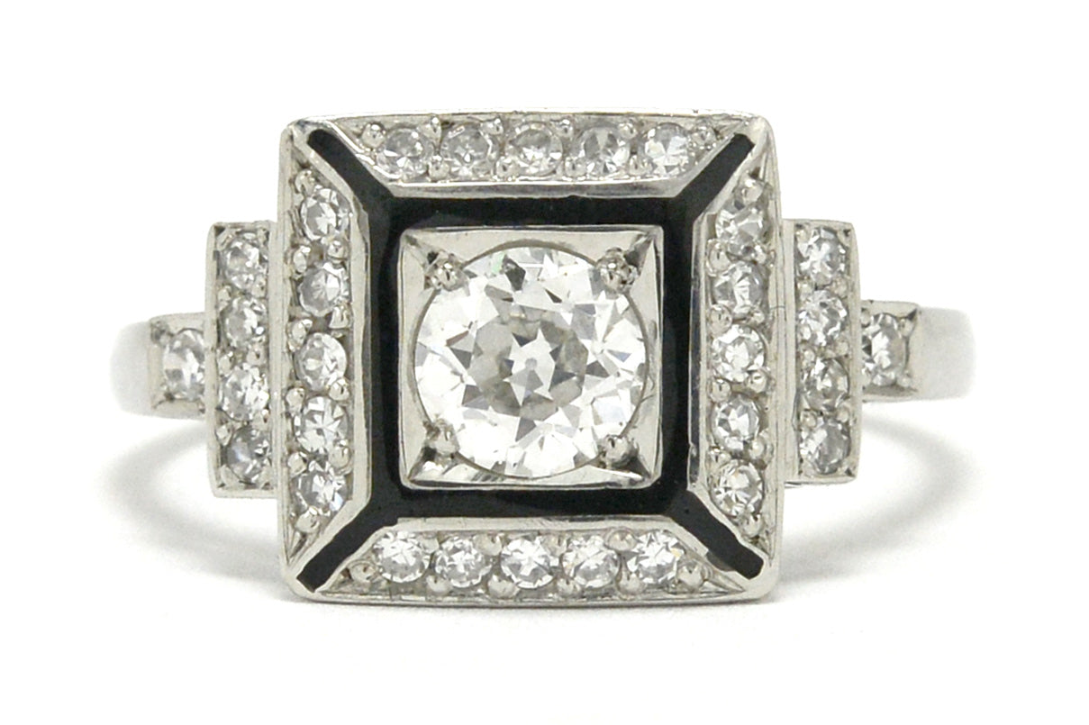 A square diamond and enamel geometric Art Deco wedding ring.