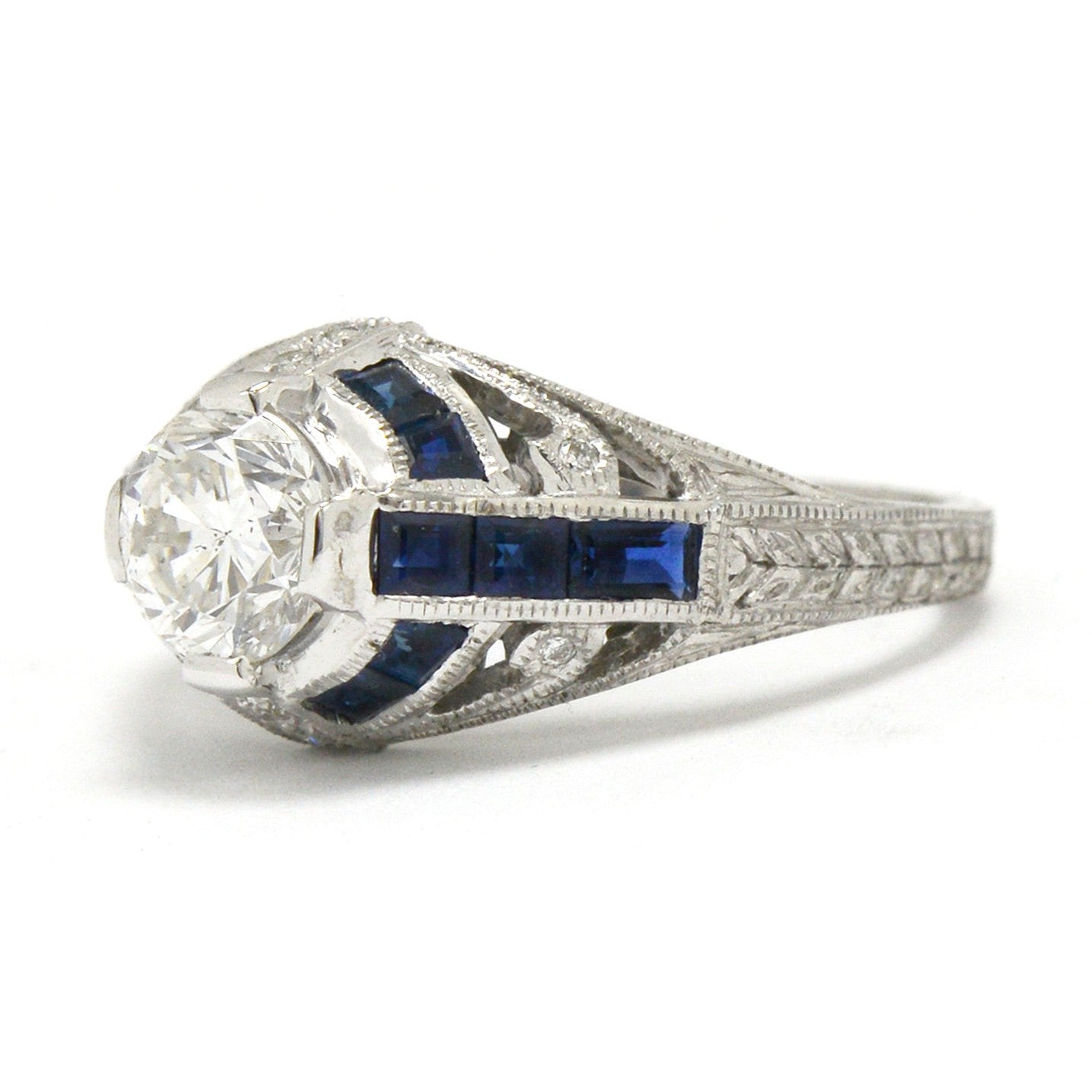 Unique blue sapphire stripes and diamonds Art Deco wedding ring.