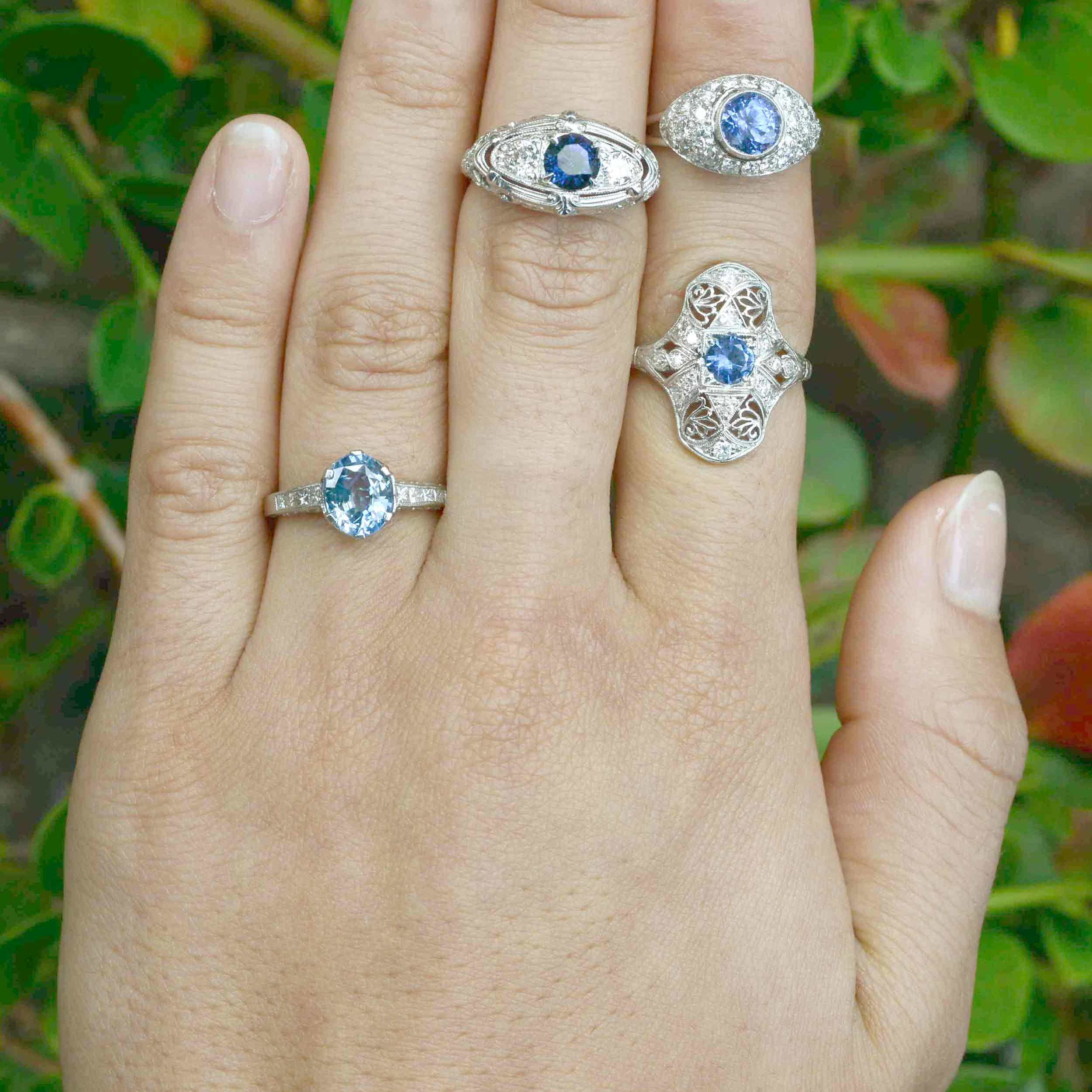 Unique, natural blue sapphire and diamonds Art Deco engagement rings.