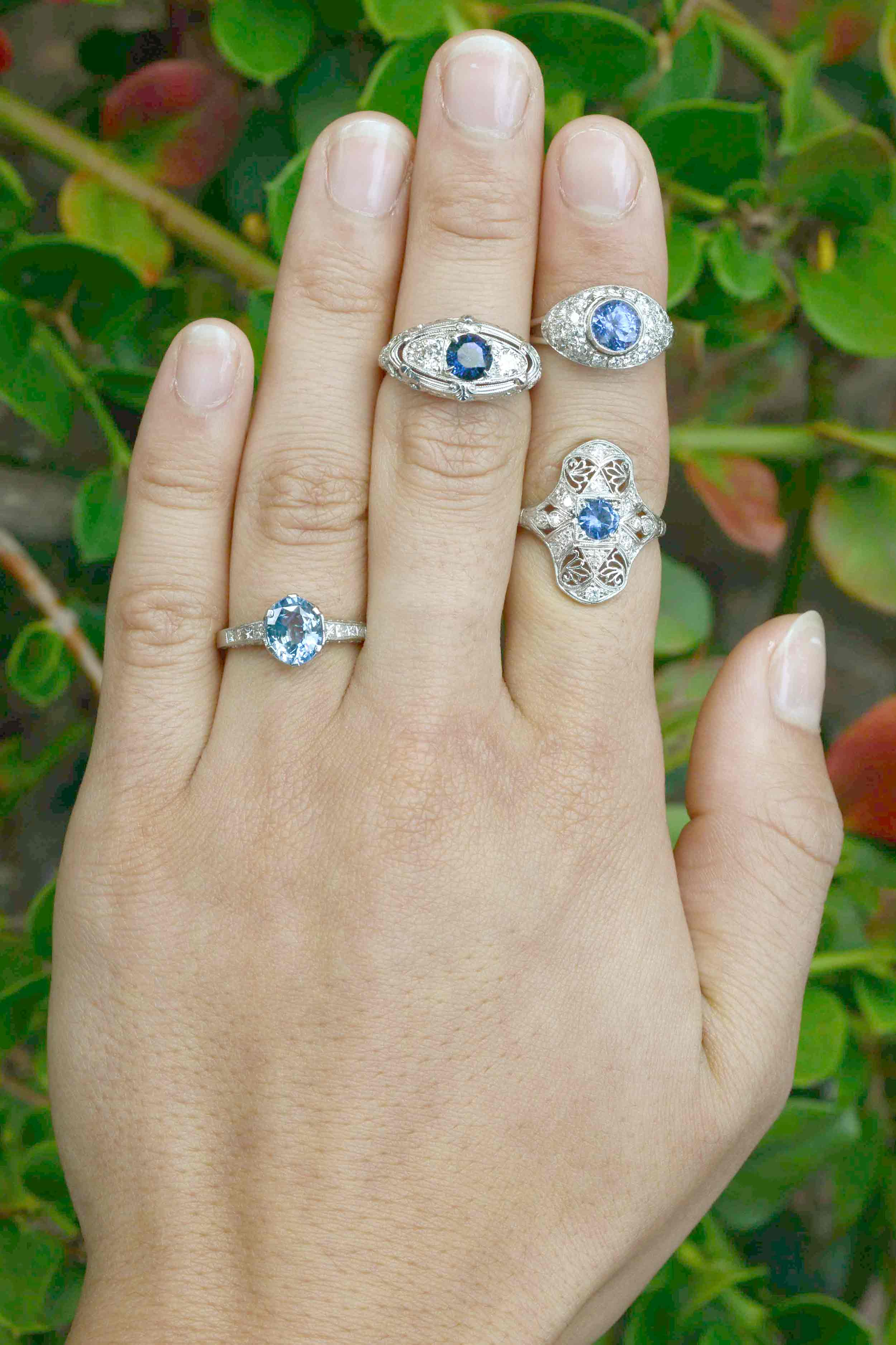 Unique, natural blue sapphire and diamonds Art Deco engagement rings.
