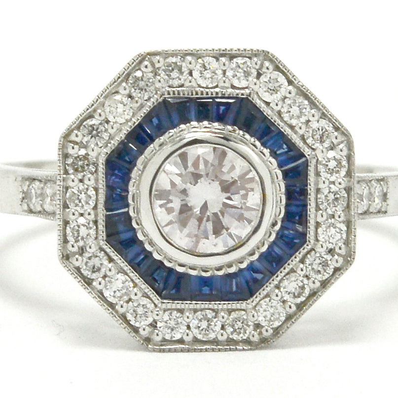 Octagon Art Deco style octagon diamond sapphires rings.