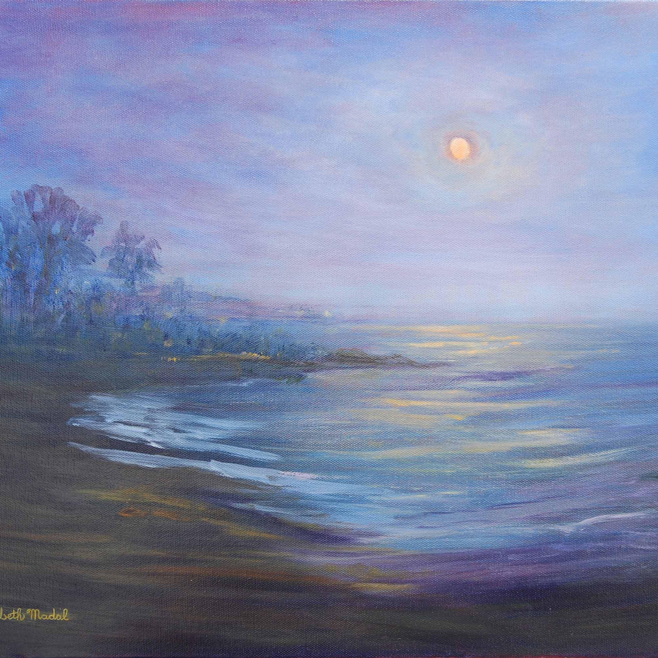 A moon lit Santa Barbara shoreline oil painting with blue and purple hues.