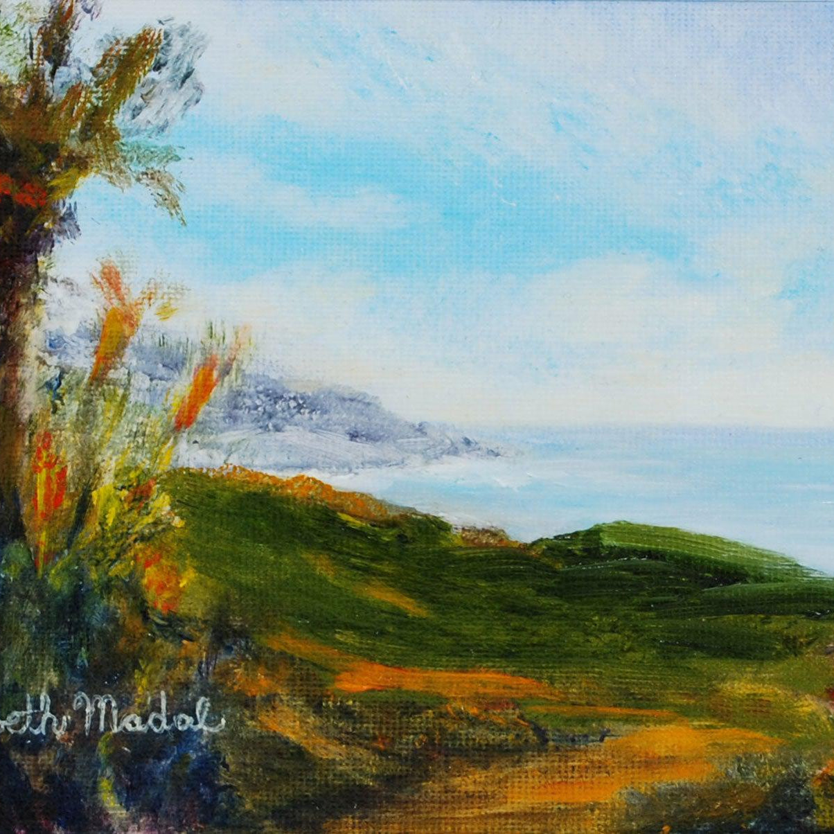 An oil painting of palms on the California coast.