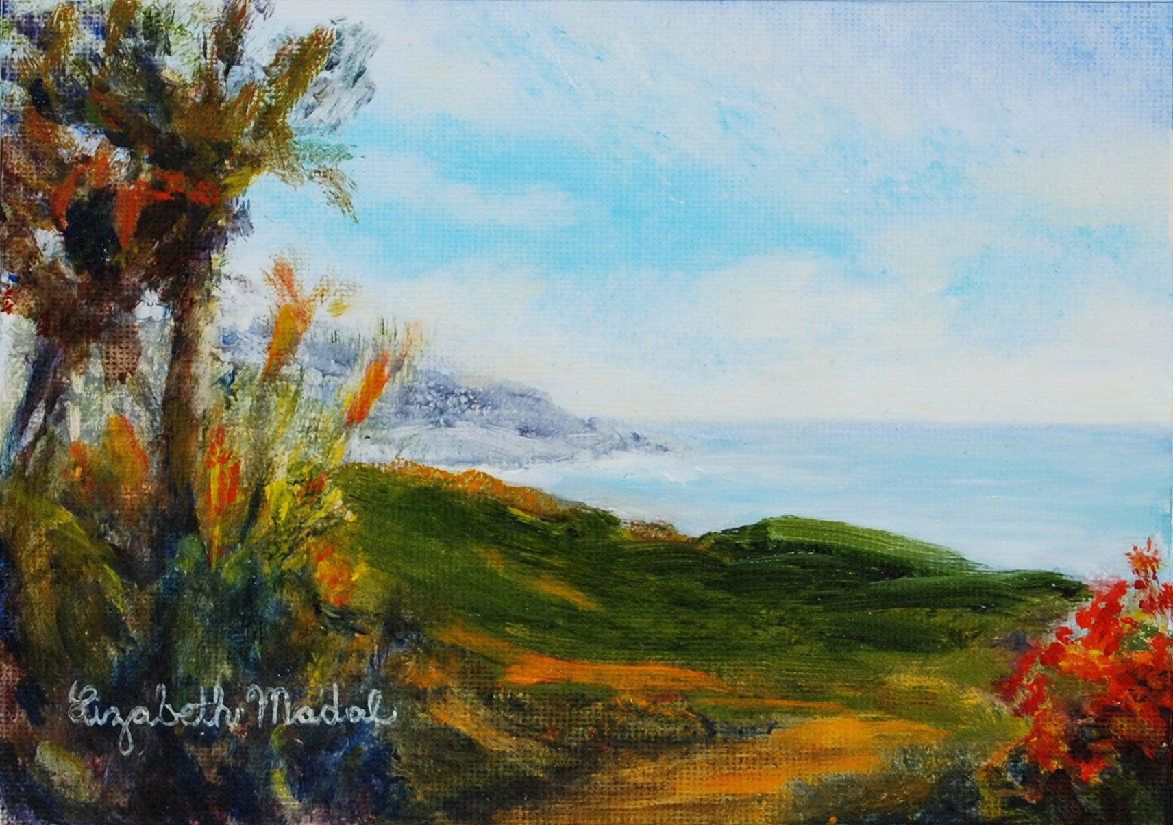 An oil painting of palms on the California coast.