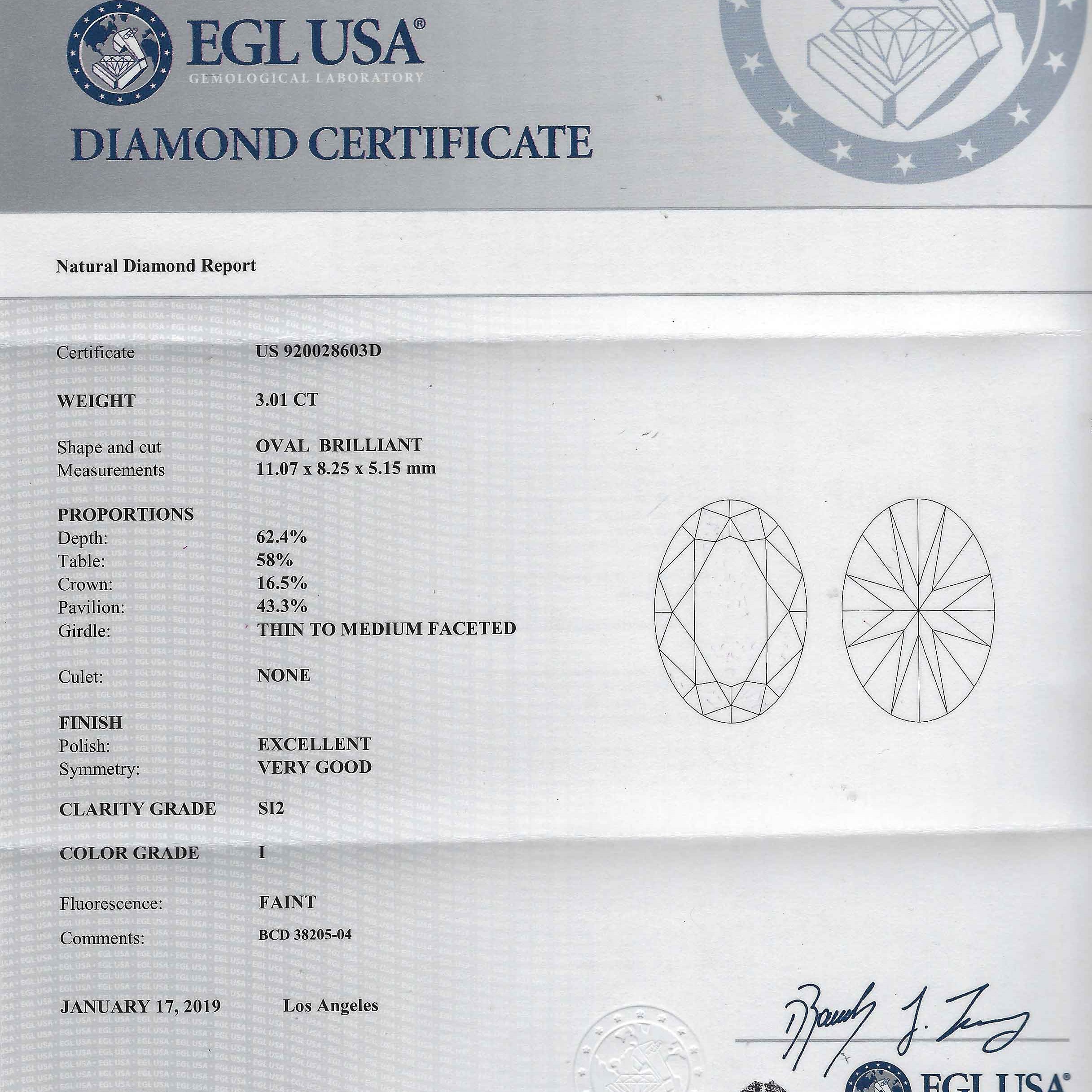 An EGL diamond certificate of the gem measuring just over 3 carats.