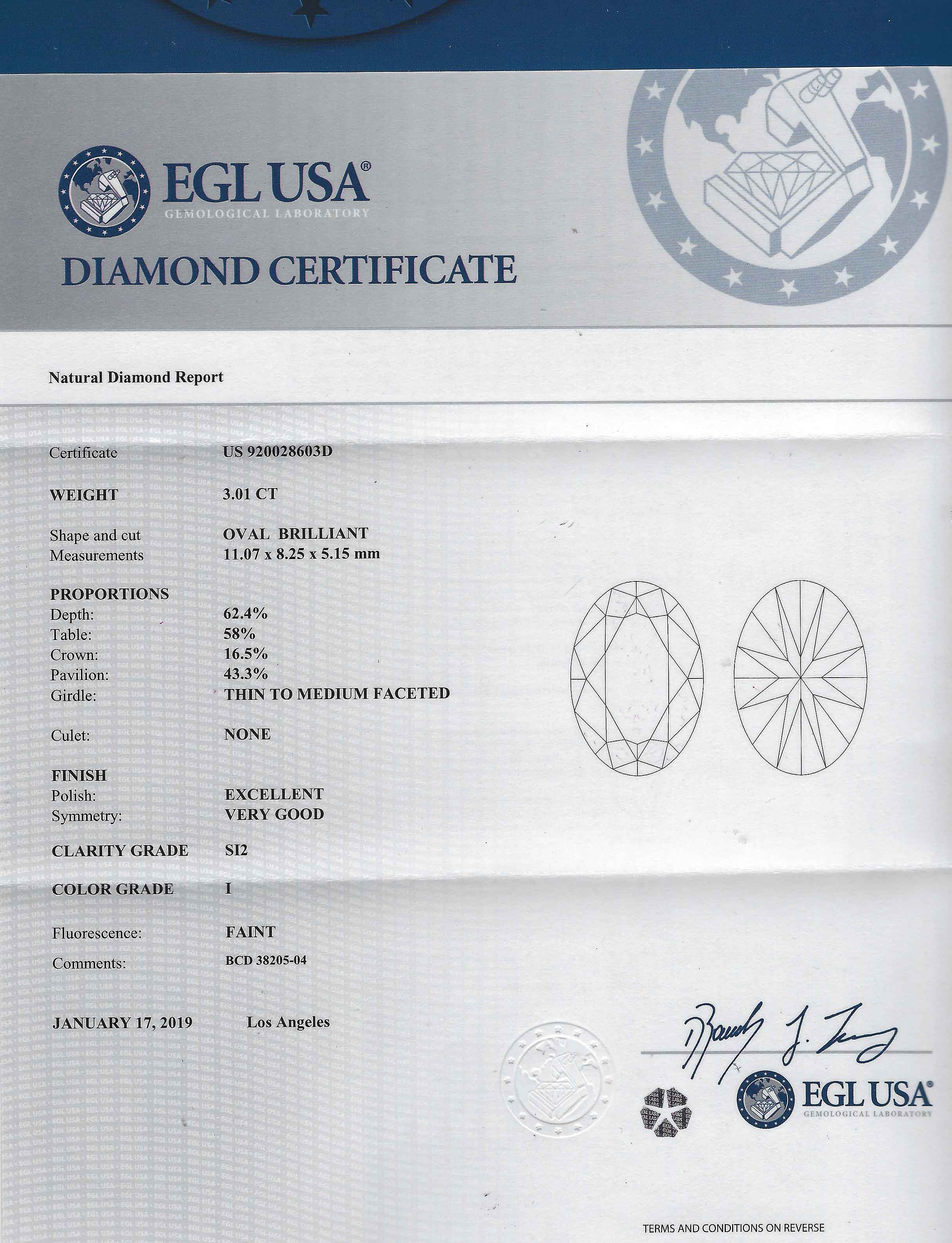 An EGL diamond certificate of the gem measuring just over 3 carats.