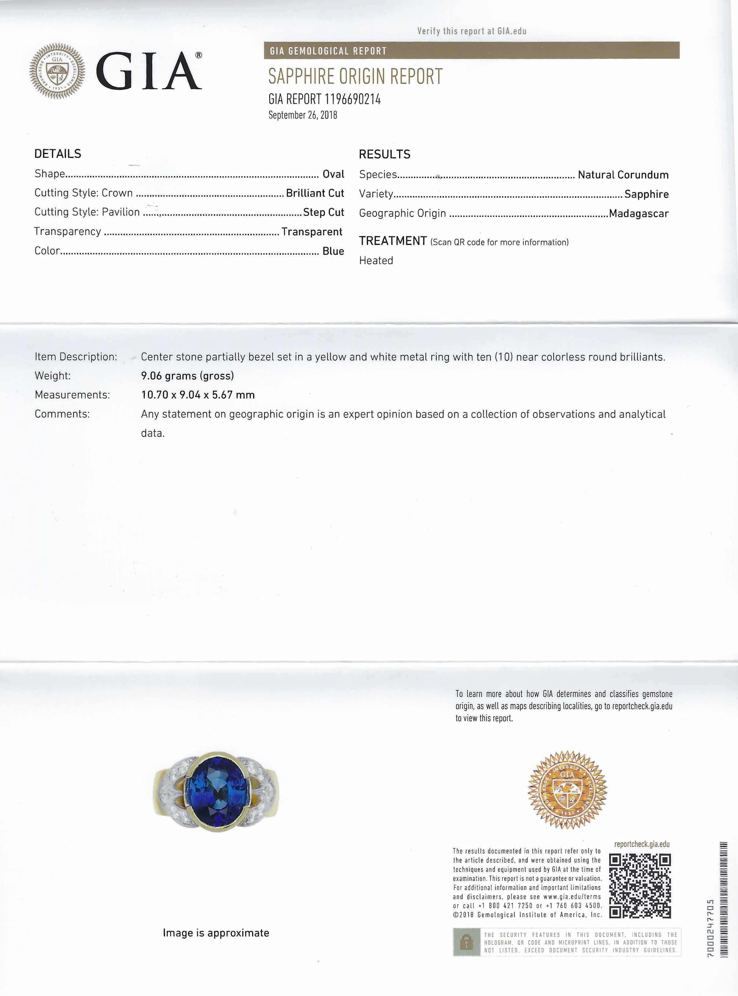 A GIA sapphire origin report is included with the ring.