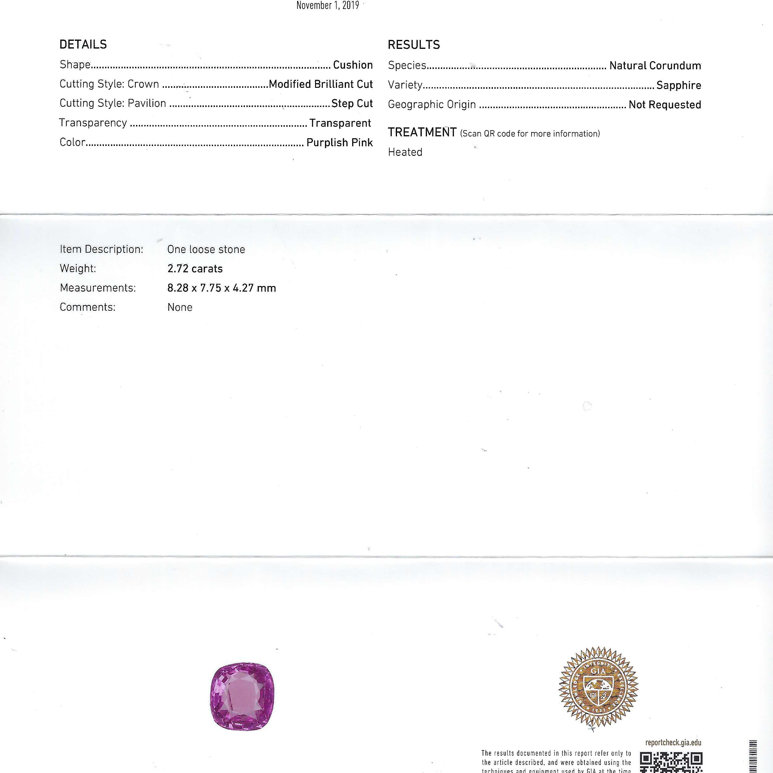 This cushion cut pink sapphire includes a GIA report.