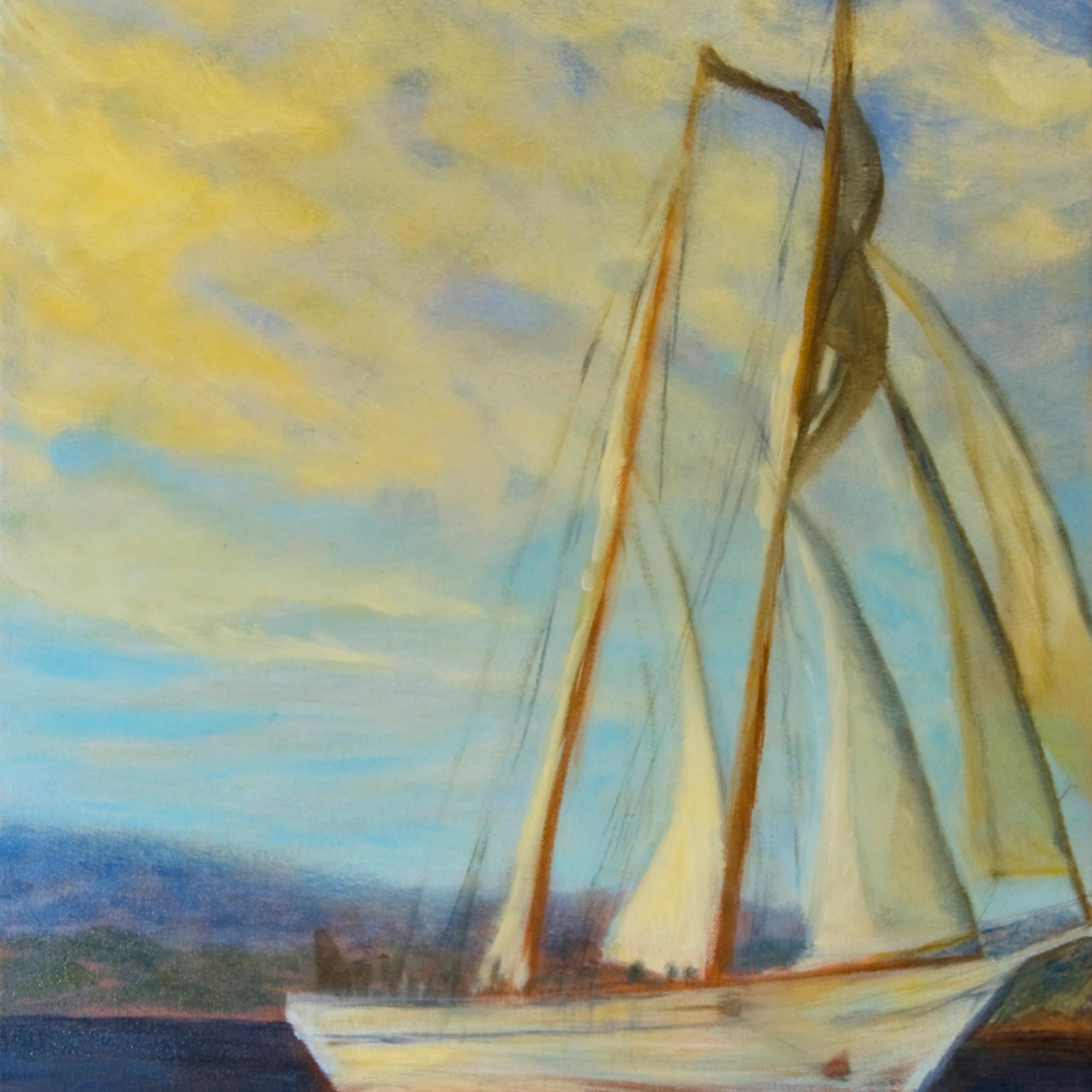 An oil painting of a red and white sailboat on the Pacific Ocean.