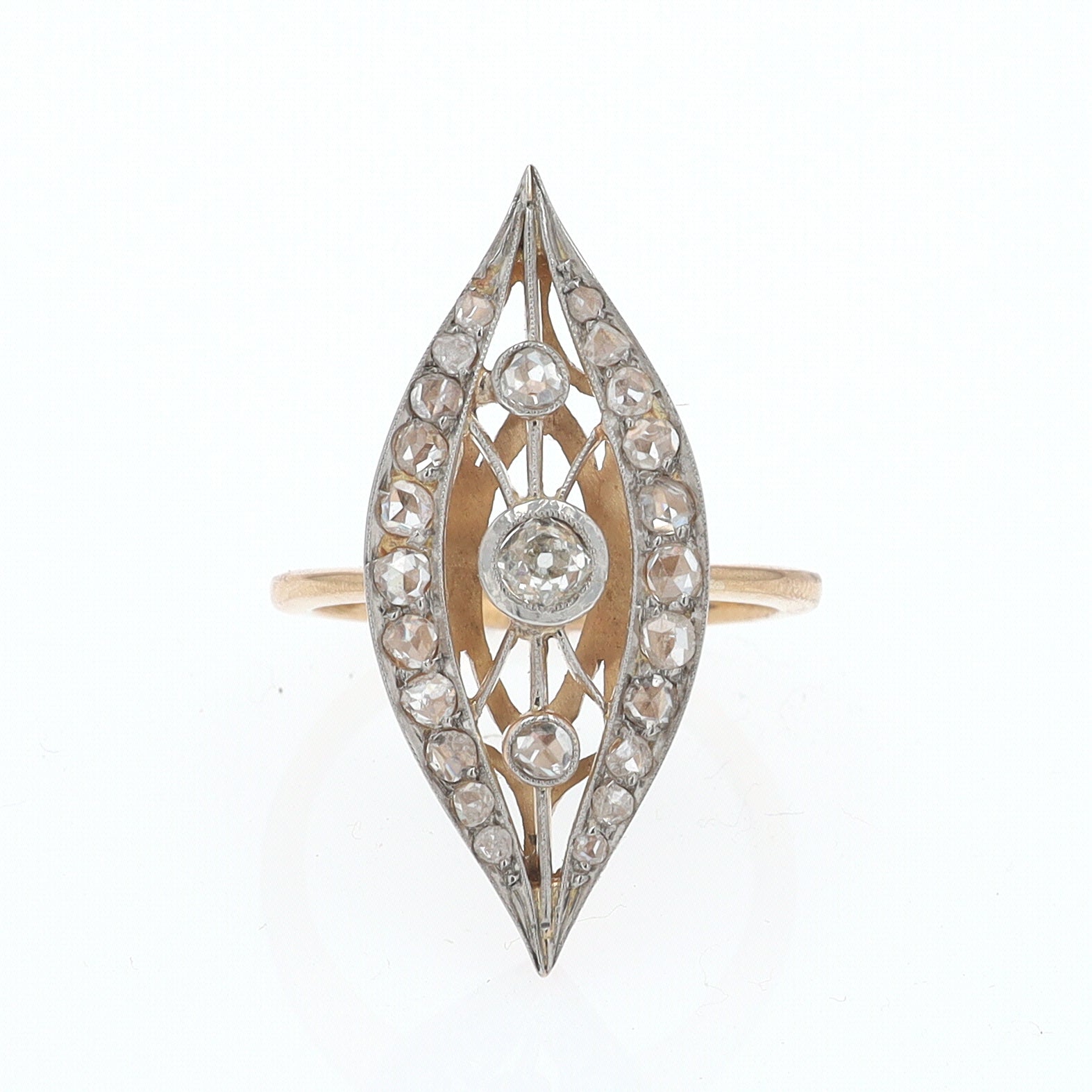 Elongated Edwardian Filigree Diamond Navette Ring